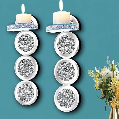 Miniatura 6 de Juego de 2 candelabros de cristal con forma de diamante, magnífico aplique de pared de espejo plateado, candelabro redondo para decoración del