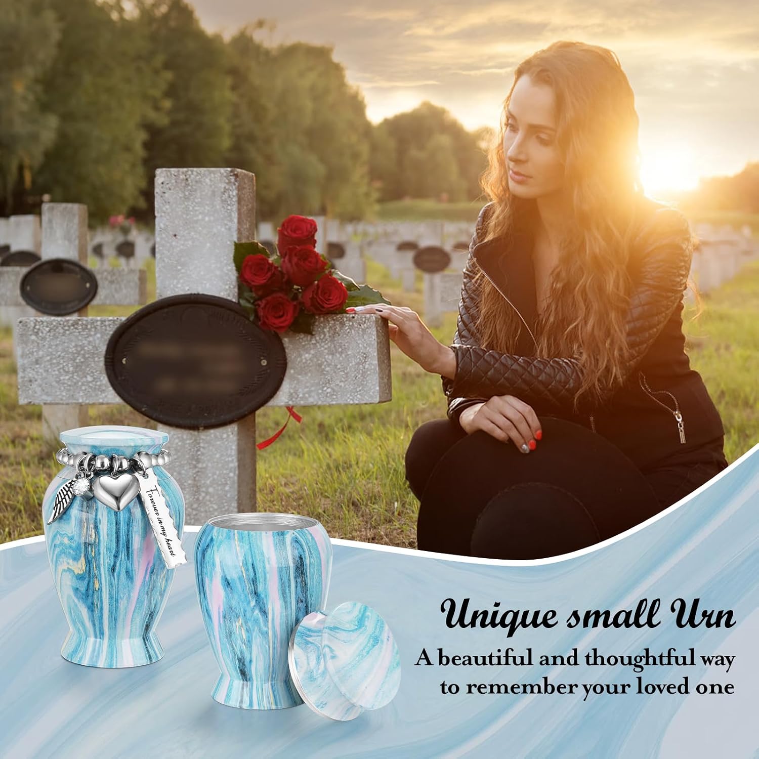 Dletay Small Urns for Human Ashes Keepsake 2.85 Inch Memorial Mini Cremation Urn for Women Men Aluminum Decorative Funeral Urns - Ocean Blue