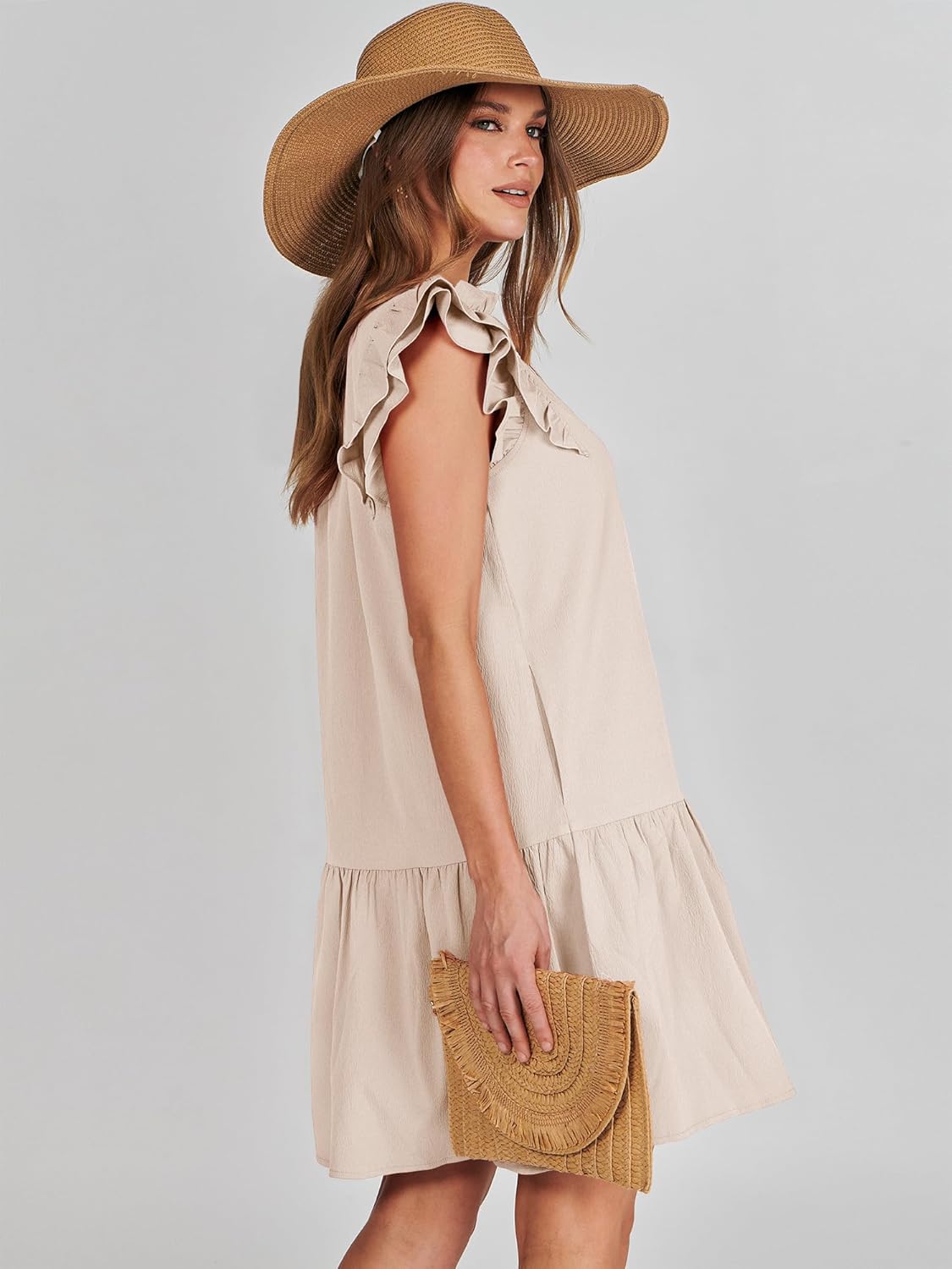 ANRABESS Womens Summer V-Neck Drawstring Ruffle Cap Short Sleeve Casual Shift Mini Dress with Pockets - Image 7