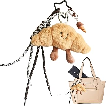 Croissant Keyring, Cute Plush Bag Charm with Ice Cream Design, Soft Pendant for Bags & Keys, Aesthetic Kids Keyring