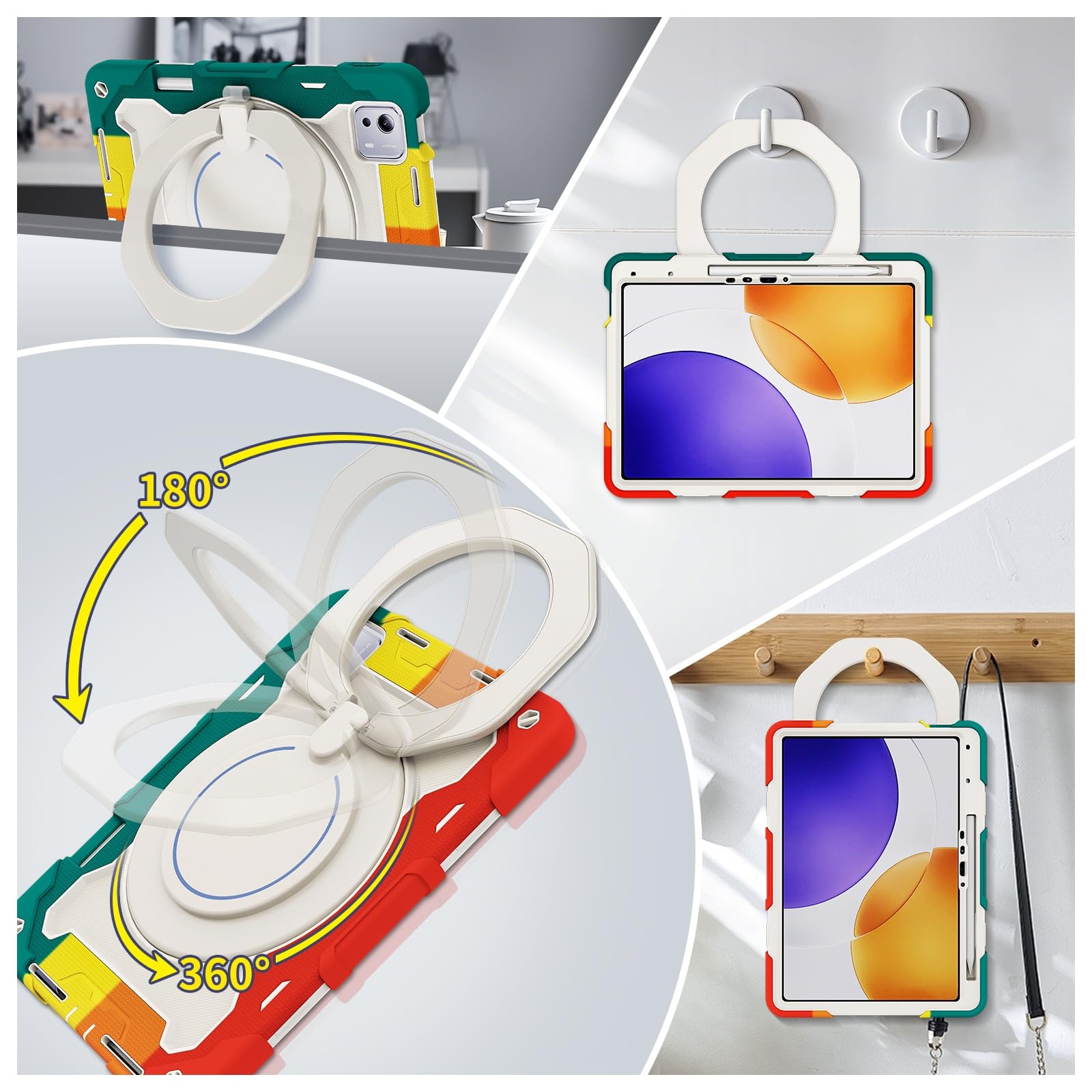 Wytrzymały futerał ochronny do Xiaomi Pad 7S Pro 12,5 cala, podstawka obrotowa 360°, pasek na ramię, uchwyt ołówek i pierścień uchwytu, odporna wstrząsy obudowa dla dzieci dorosłych(Red Green)