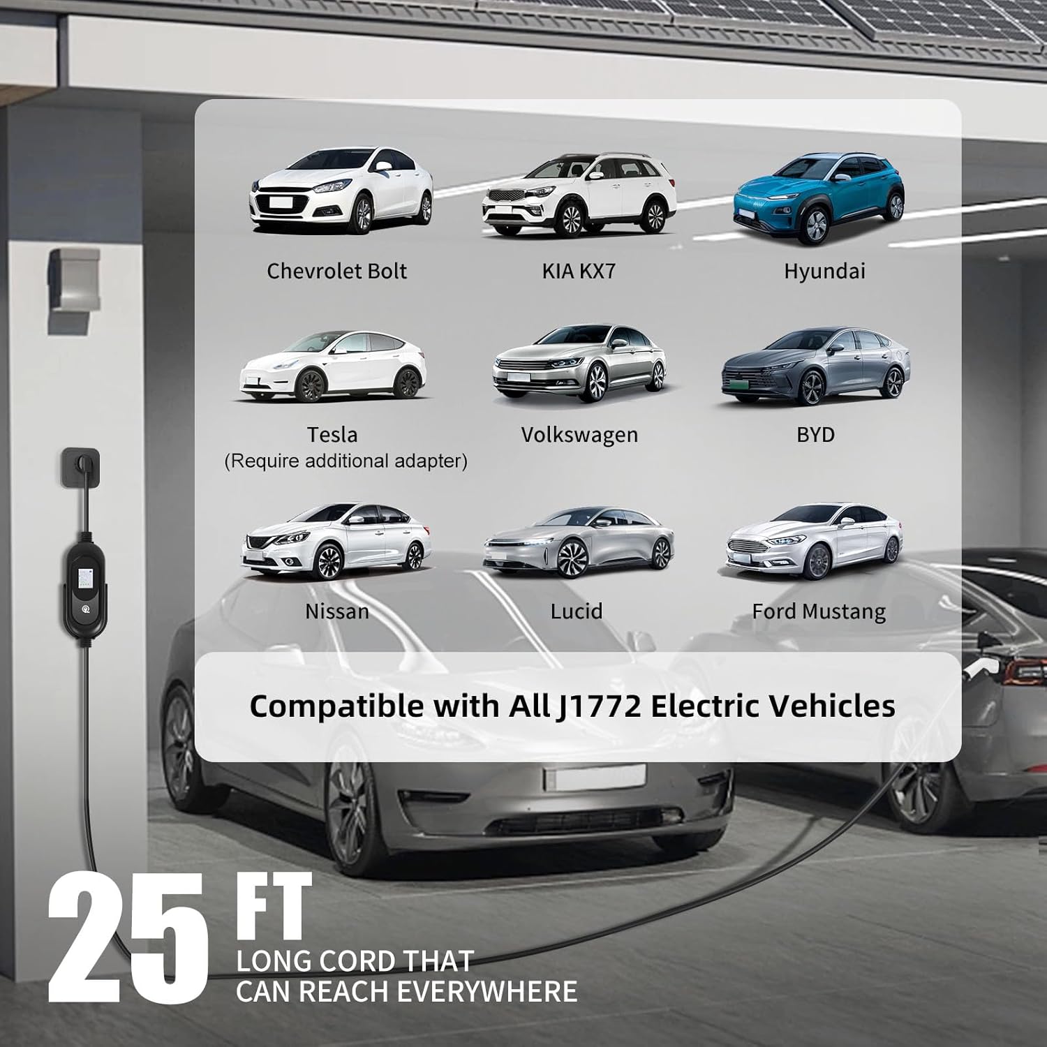 Level 2 EV Charger 50A 240V Portable EVSE 45 Miles Per Hour Fast Charging, NEMA 14-50 Plug, 25FT Cable, SAE J1772 Compatible, Smart LCD Delay Timer, Home Outdoor Use