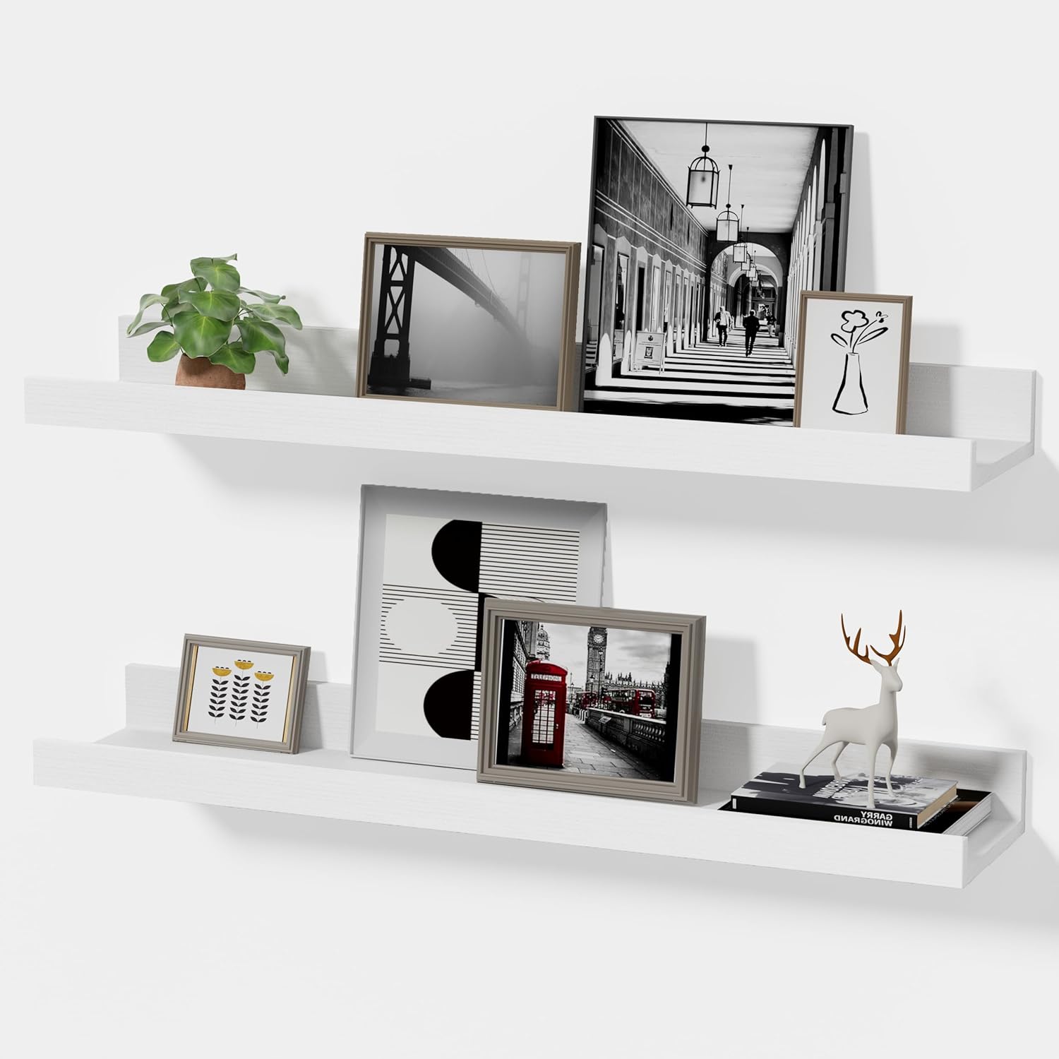 24 Inch White Floating Shelves with Lip, Wall Mounted Picture Ledge, Versatile Wood Wall Shelf for Kitchen Bathroom Living Room, Display Shelf for Photos Books Spice, Set of 2