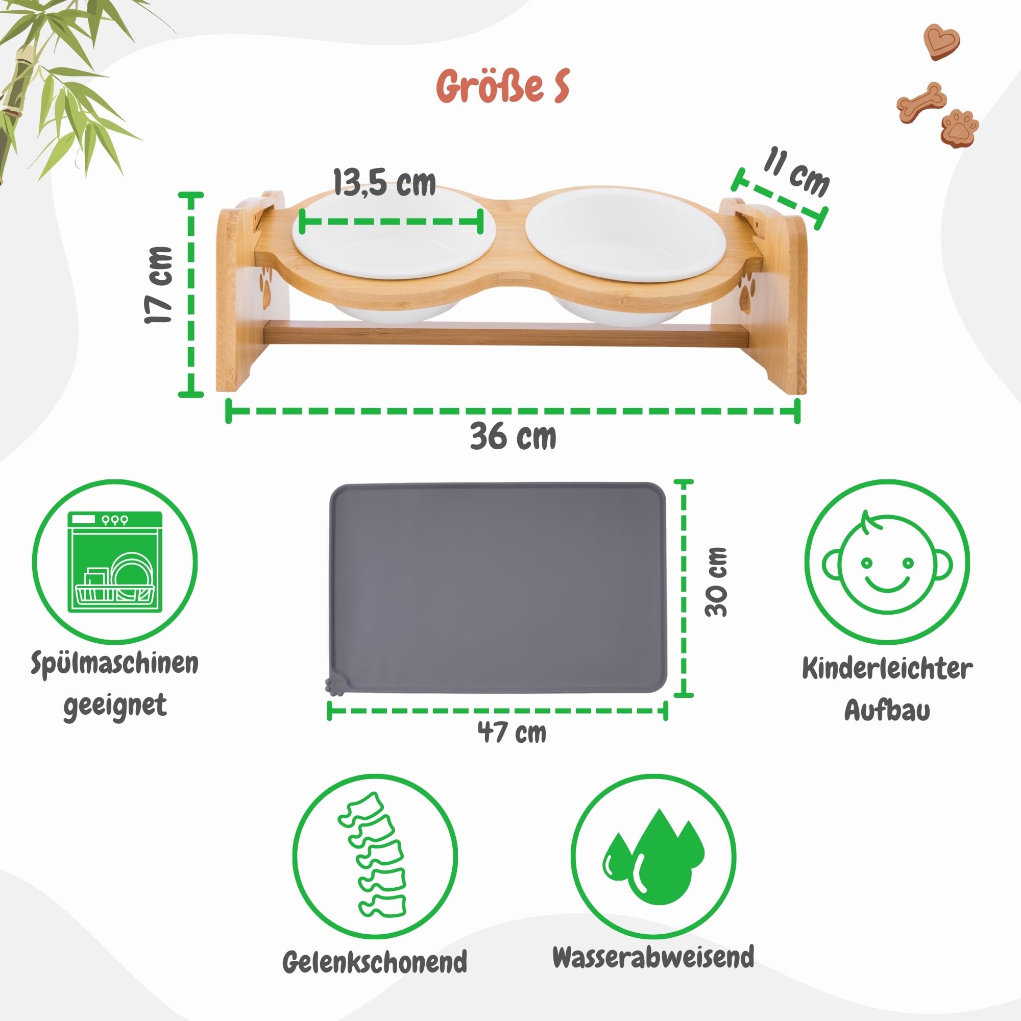 Petzy Premium Keramik-Hundenapf, höhenverstellbarer Katzennapf, 350 ml pro Napf. Ideal für kleine Hunde, mit Rutschfester Unterlage und Futternapf aus Bambus.