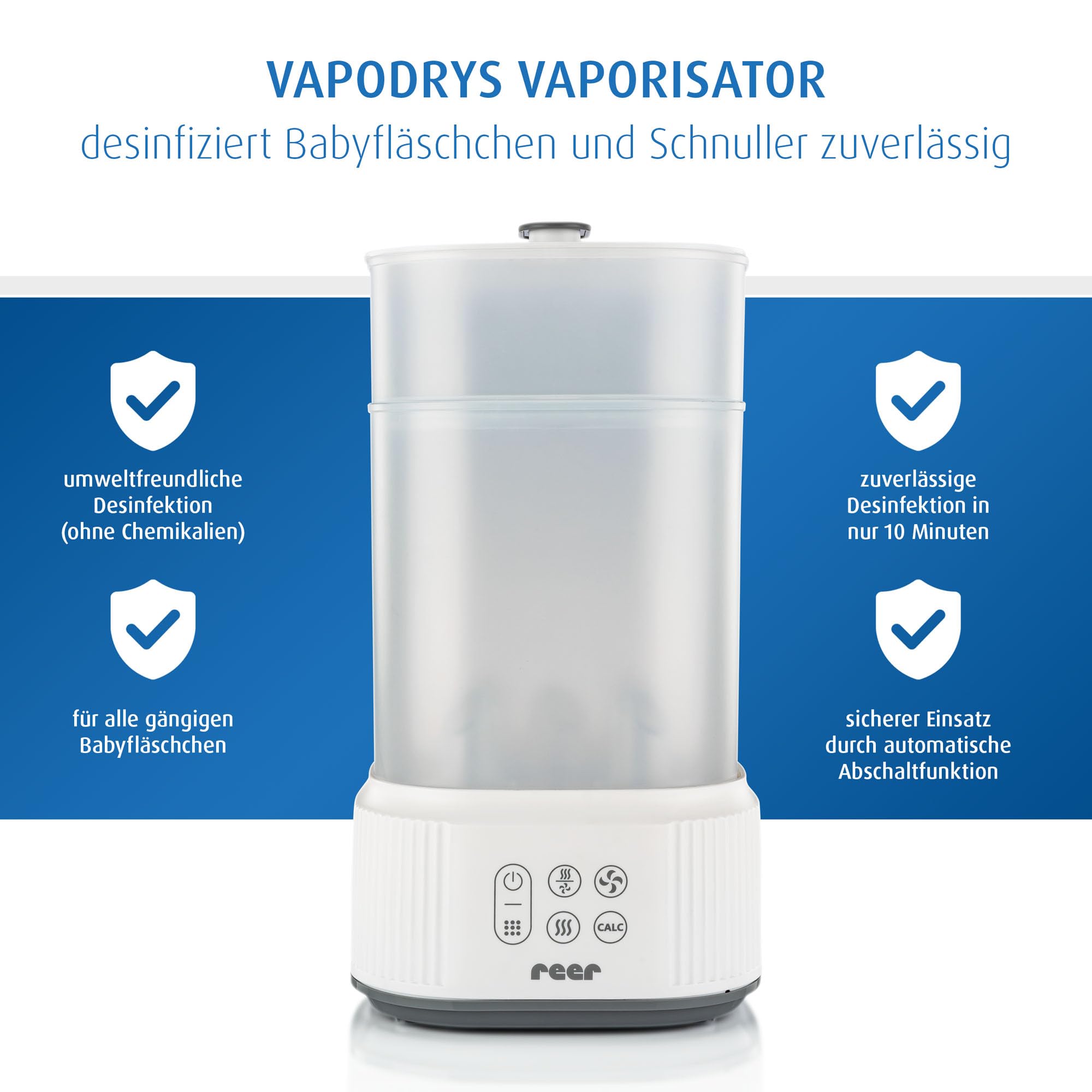 reer VapoDryS Vaporisator | Babyflaschen Sterilisator mit Trocknungsfunktion, Dampfsterilisator für bis zu 5 Flaschen, Desinfektion und Trocknung von Babyfläschchen und Zubehör ohne Chemikalien