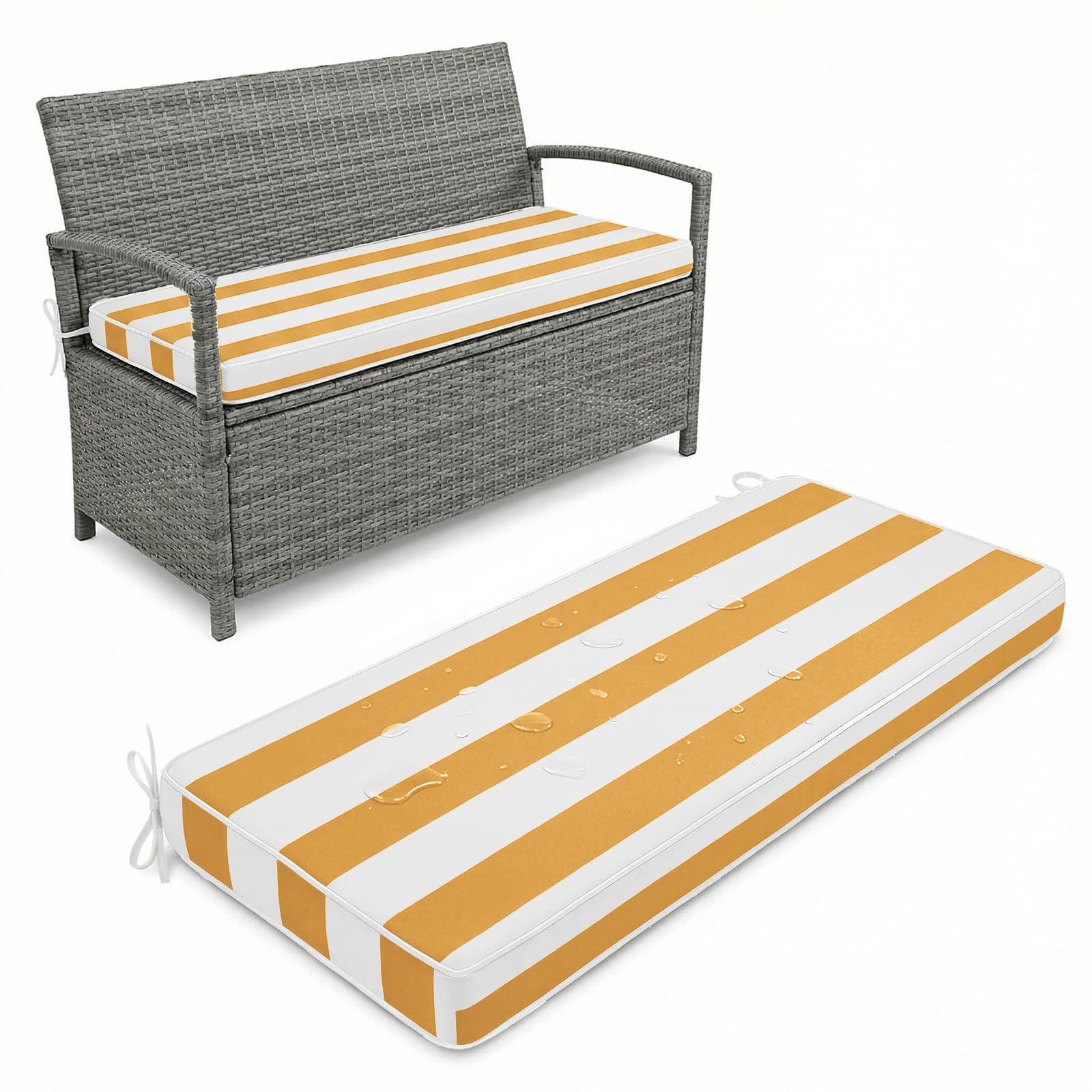 Aocase Waterproof 2/3/4 Seater Bench Cushion 65x30cm Indoor Outdoor Comfortable Extra Thick 5cm Garden Bench Rattan Cushion Pad with Removable Cover for Patio Lawn with Double Piping,Yellow Striped