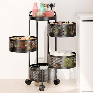 Fruit Basket for Kitchen, Rotating Storage Rack, Kitchen Storage Carts, Rolling Cart with top lid Heighten Guardrail Multi Layer Removable Basket Shelf for Fruit Vegetable Black 4 Tiers