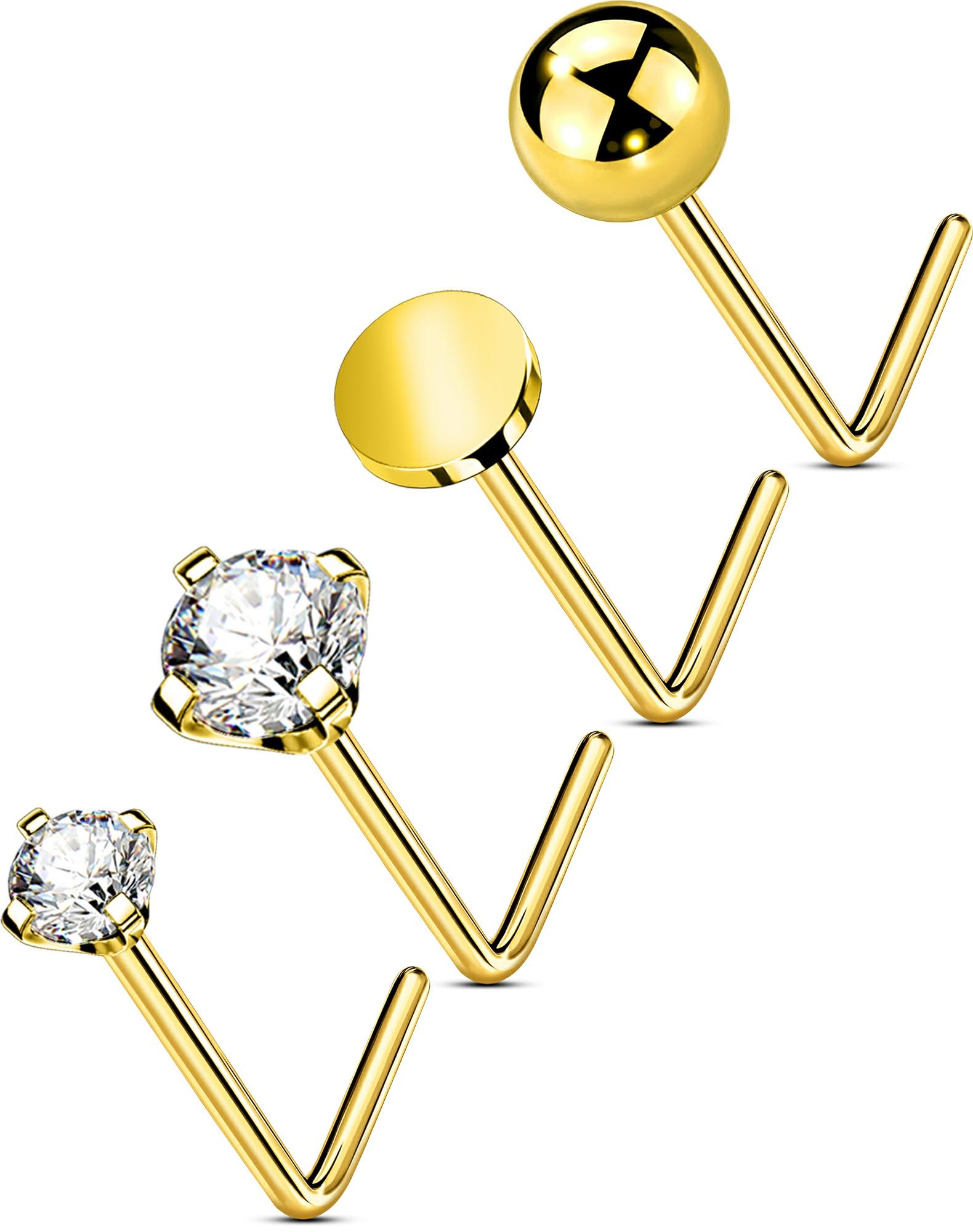 OUFER Body Piercing Nose Studs: 5PCS 20G Titanium Nose Bar L Shaped Nose Rings, 6 mm Gold Nostril Piercing Jewelry Cubic Diamond Thin Body Jewellery for Women