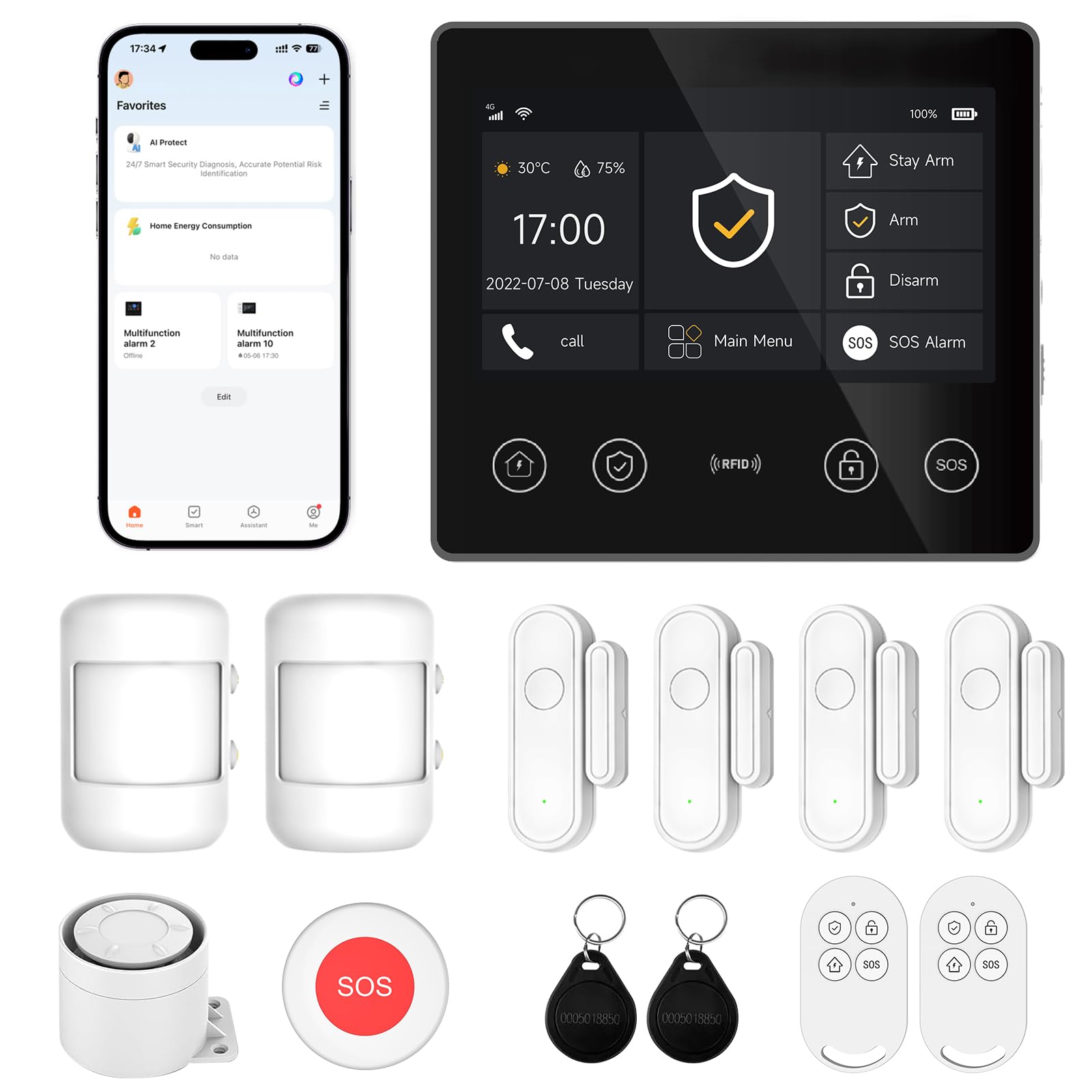 XUK 4,3'' Alarmanlage Haus & Wohnung ohne ABO, 4G + WLAN (2,4 GHz), Alarmsystem mit App, Alexa & Google kompatibel, erweiterbar (13-teiliges Set)