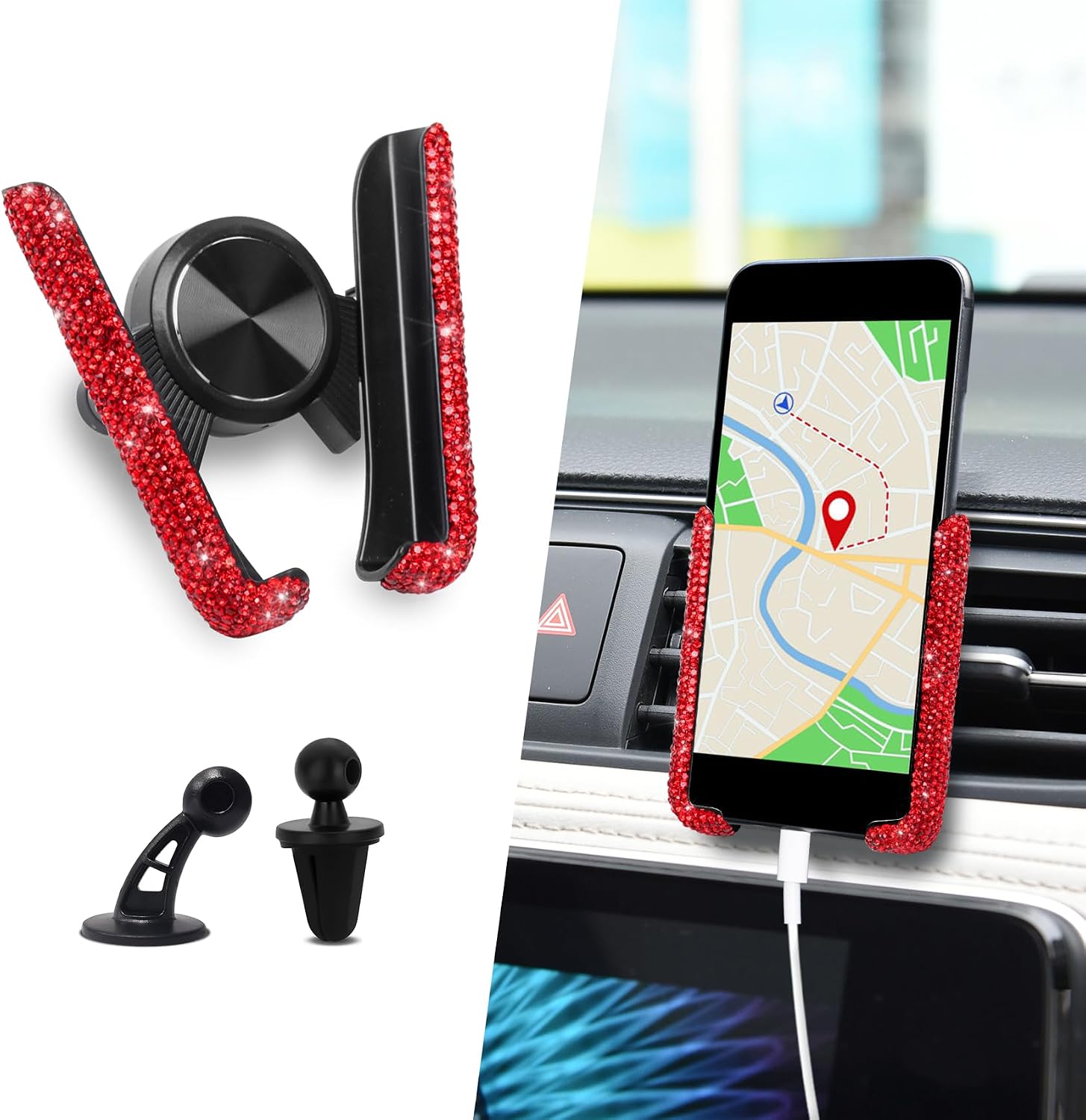 Bling Car Phone Holder, Phone Holders for Your Car, Rhinestone Encrusted Air Conditioner Vent Navigation Mount, 360 Degrees Adjustable Crystal Mount Holder for Most Vehicles (Red Diamond)