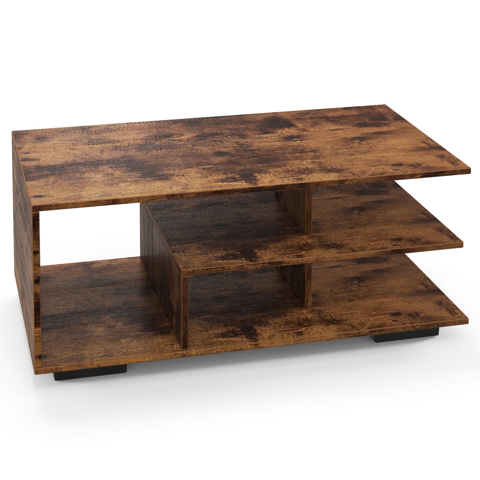 GIANTEX Mesa de Centro con Estantes Abiertos, 90 x 50 x 42 cm, Mesa de Café con Estante Central en Forma de L, Mesa de Té Rectangular de 3 Niveles, para Salón, Oficina (Marrón Rústico)