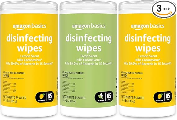 Amazon Basics Disinfecting Wipes, Lemon & Fresh Scent, Sanitizes/Cleans/Disinfects/Deodorizes, 255 Count (3 Packs of 85)