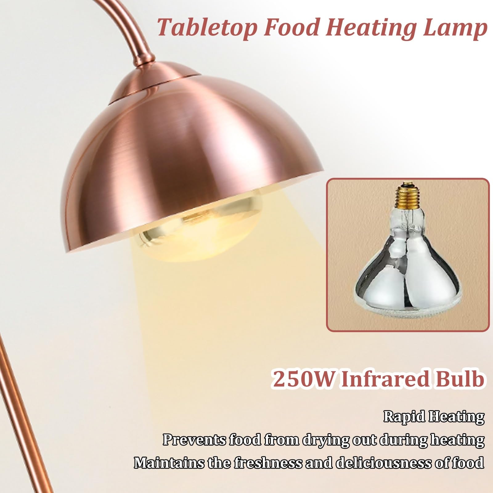 Lámpara calentadora de alimentos de acero inoxidable con base de mármol, lámpara de calor de 250 W para bufé, restaurante, cocina, aislamiento redondo, calefacción de alimentos (mármol dorado y negro)