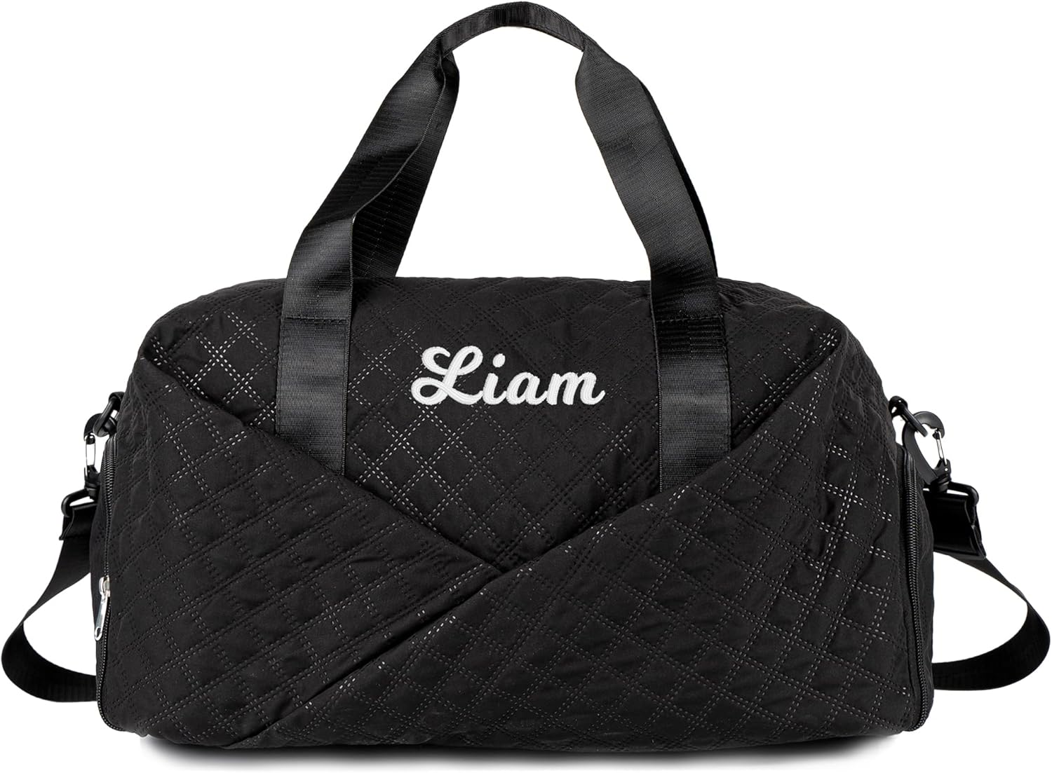 Quilted Duffle Bag for Women Girls - 30L, Personalized Weekender Overnight Bag with Shoe Compartment & Wet Pocket - Carry On Gym Bag with Name, Custom Gifts for Bridesmaid Mother (Black)