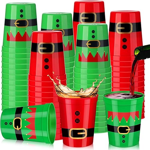 24 vasos de plástico de Navidad a granel desechables de Navidad, tazas de café desechables con cinturón de Papá Noel, tazas de Navidad de elfo rojo