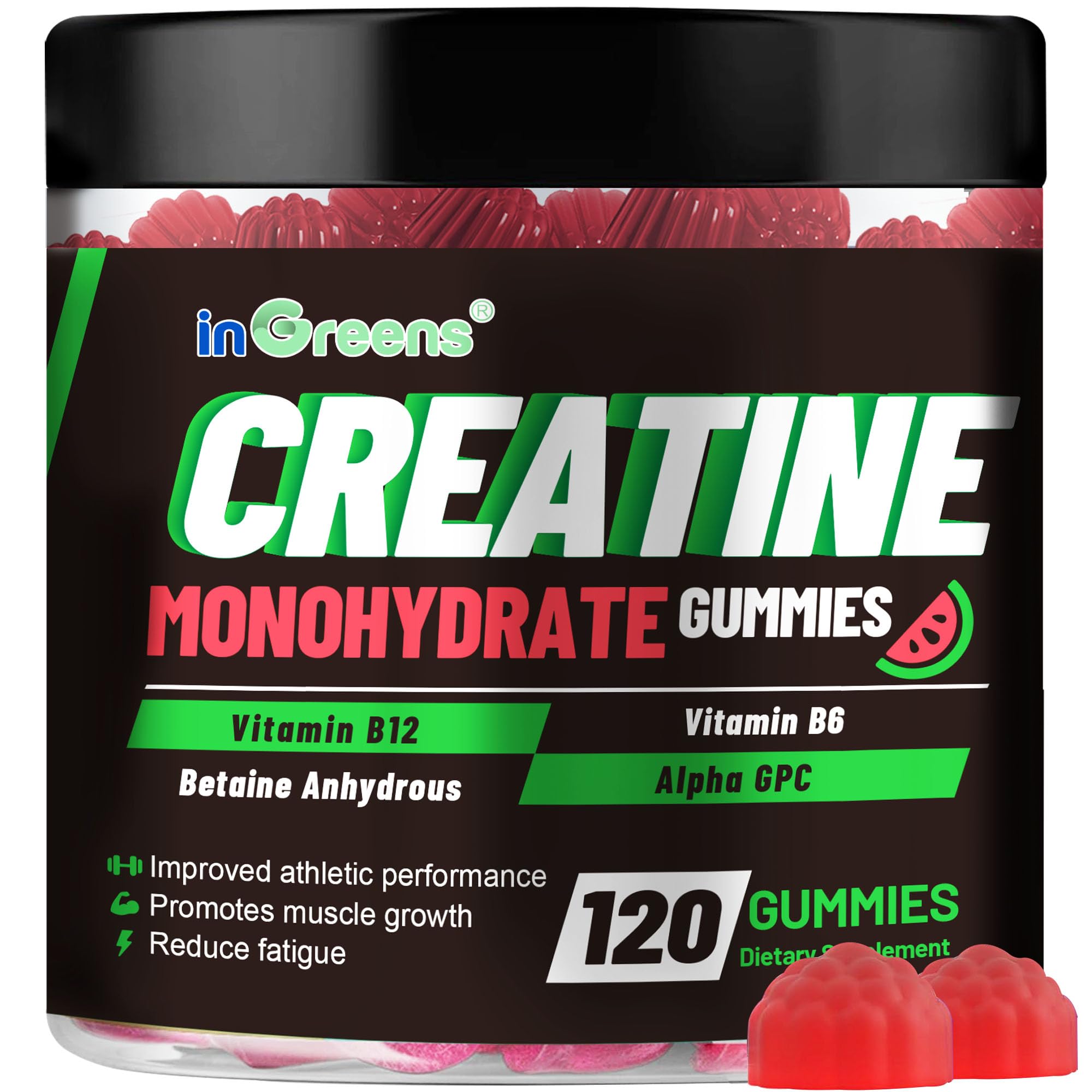 inGreens Creatine Monohydrate Gummies 6g for Men & Women, Sugar-Free Creatine Chewables with Betaine, Alpha GPC, Vitamin B6 & B12, Natural Berry