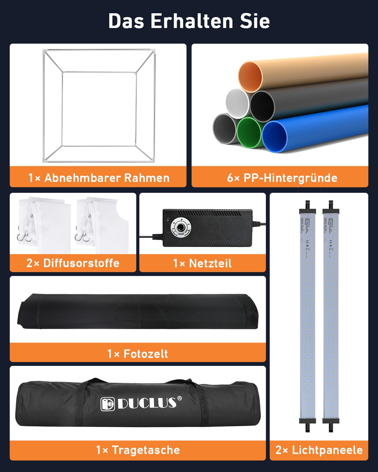 DUCLUS 60cm Fotobox Professionell | 24" Tragbare Photobox mit 50W 5600K LED (CRI≥96) & Dimmbarem Licht | 360° Verstellbare Lichtpaneele | 6 Matte PP-Hintergründe für Produktfotografie