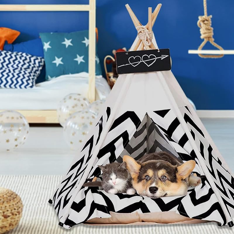 Maycoly Tipi Sátor Kisállatoknak - Fekete-Fehér Csíkos Kutyaház Macskabúvóhely 60x60x70 cm Kétoldalú Mosható Párnával