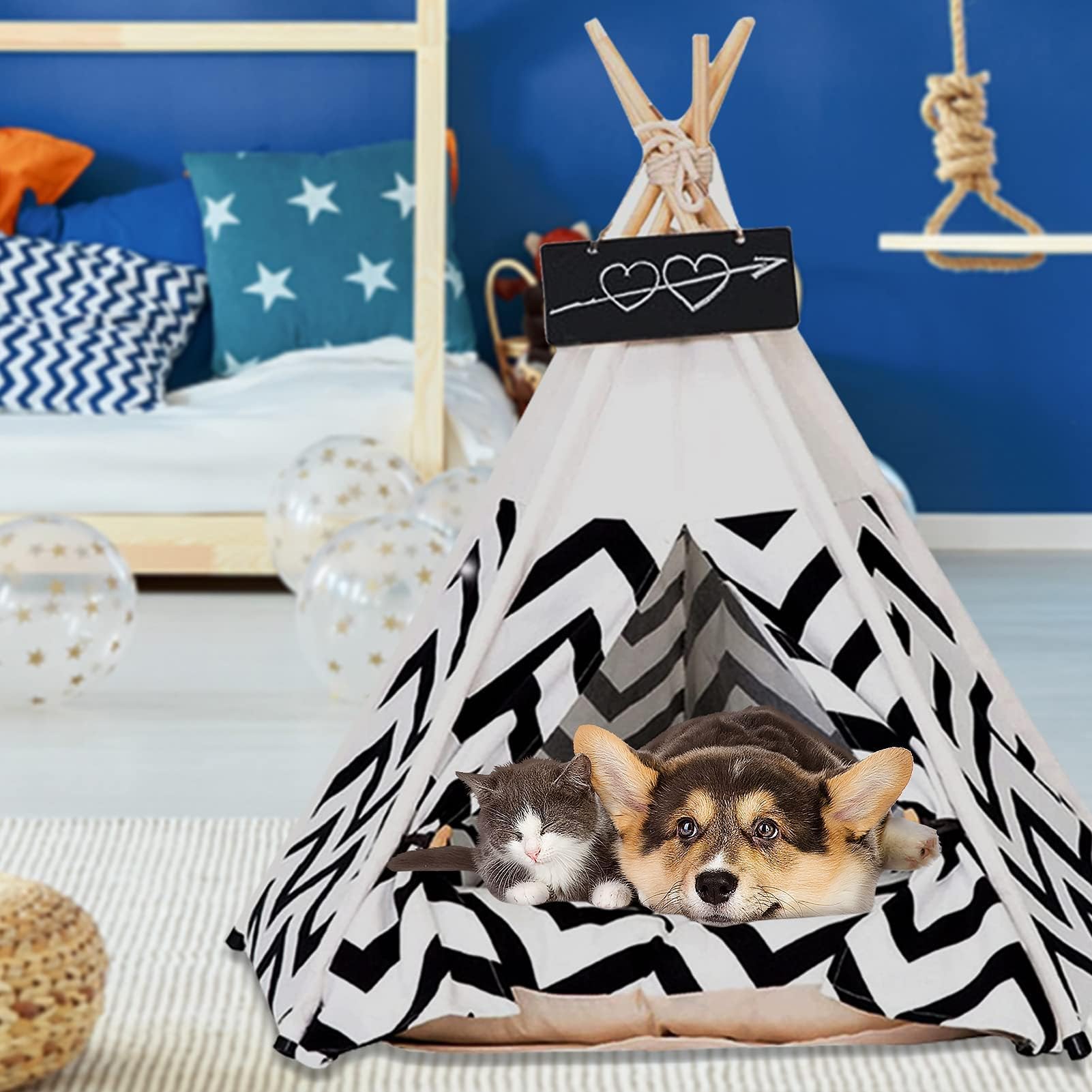 Tenda per Animali Domestici Cuccia 60x60x70cm in Tela Portatile per Cani e Gatti Rimovibile e Lavabile Pet Teepee Tipi con Lavagna Tende Gatti con Cuscino