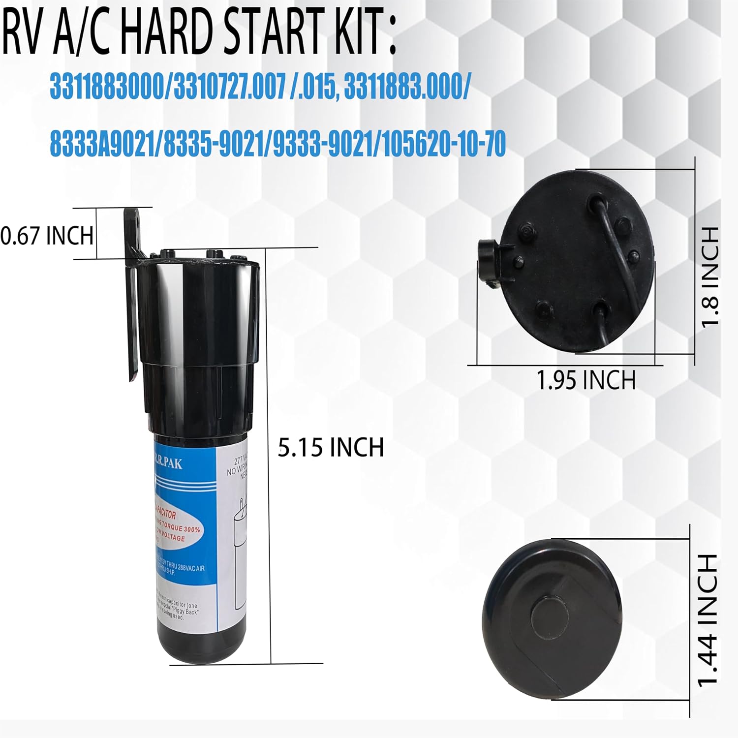 3310727.007 /.015, 3311883.000 3311883000/8333A9021 Duo-Therm Brisk Air Hard Start Capacitor Kit For Coleman RV Air-Conditioning Compressor Solid State Starter Kit 105620-10-70/8335-9021/9333-9021
