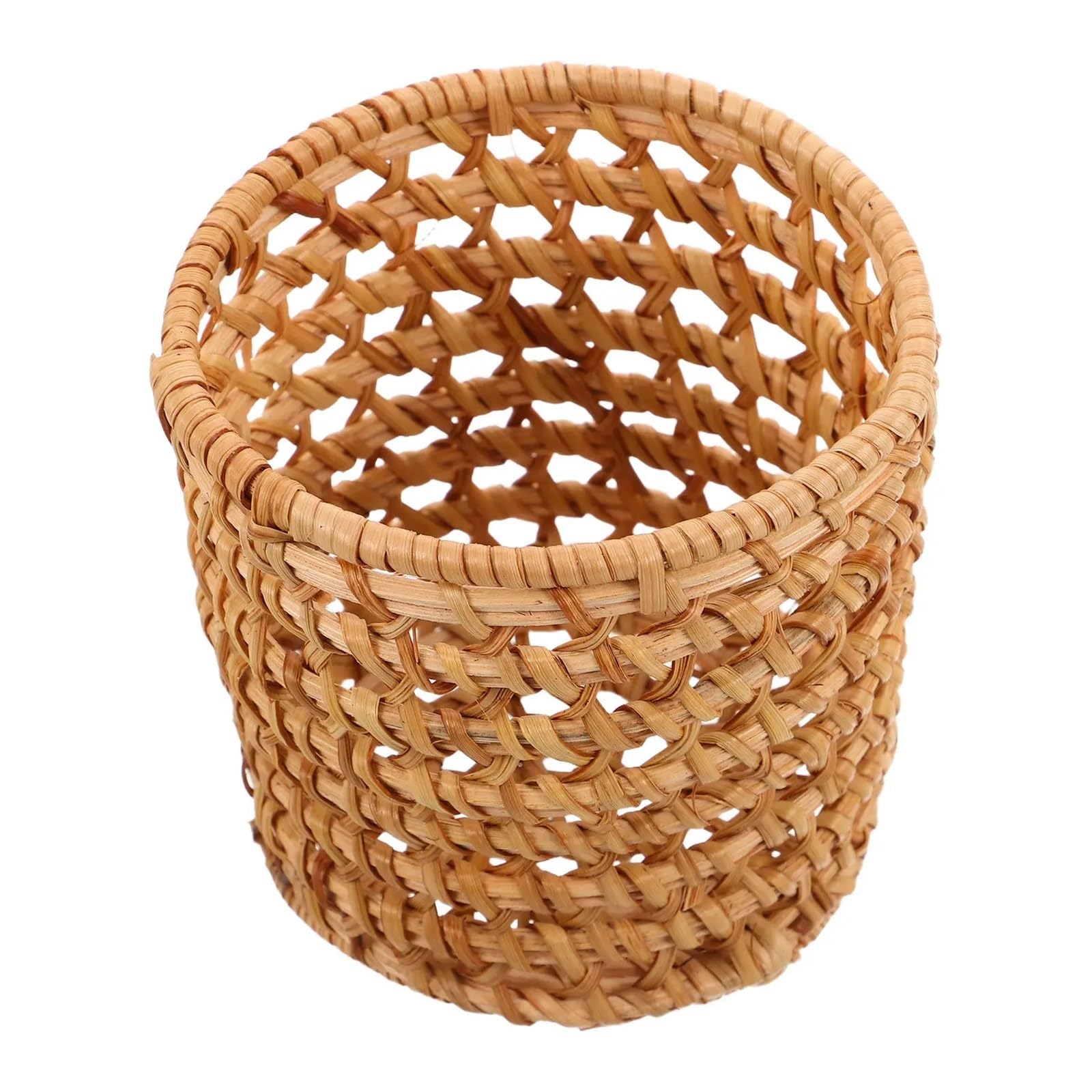 Clarture Handmade Rattan Pen Holder - Vintage Cylindrical Desktop Storage Basket for Pens, Brushes, and Makeup Organizer