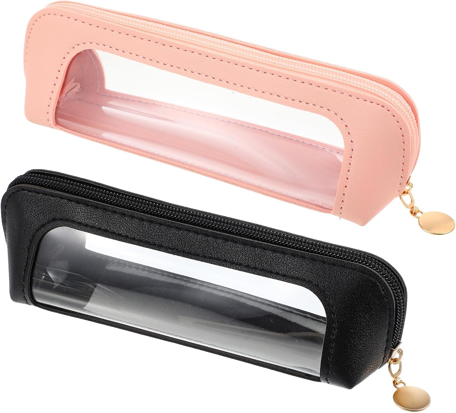 Kifmurase 2Pcs Clear Makeup Brush Bag, Leather Slim Makeup Case, Portable Transparent Waterproof Cosmetic Pouch with Zipper, Double Sided Clear Bag for Women Travel Storage (White, Black)