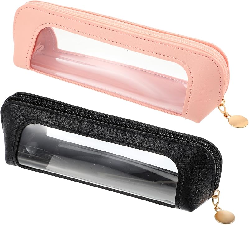 Kifmurase 2 Necessaires transparentes para maquiagem com zíper, estojo fino de PU, dupla face, Preto e Rosa