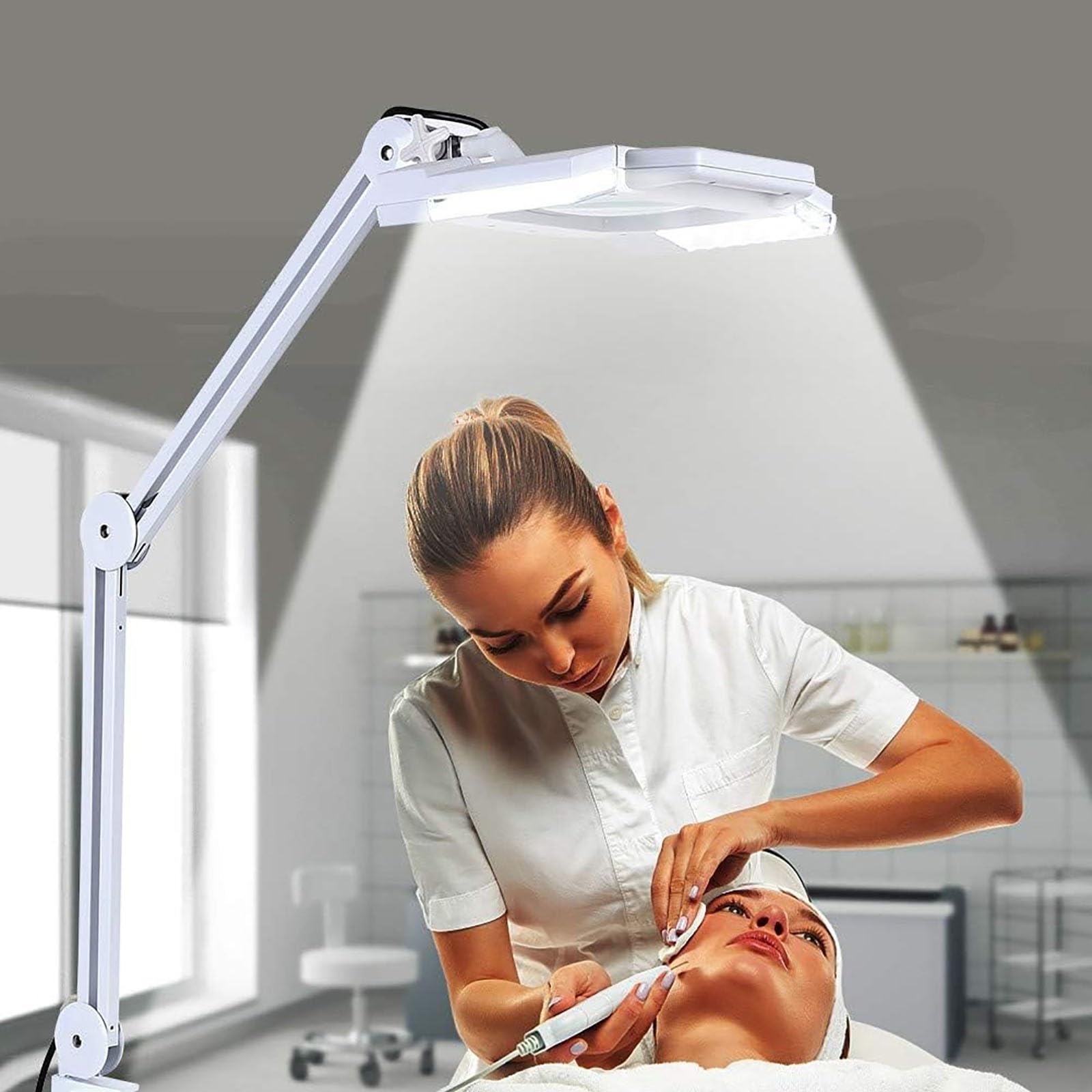 Lámpara de Aumento 5X Iluminado de sobremesa Clip-On Lupa, con Brazo Ajustable de Metal extendido, lámparas de Belleza médica giratoria, para la Lectura de artesanía de Cerca el Trabajo