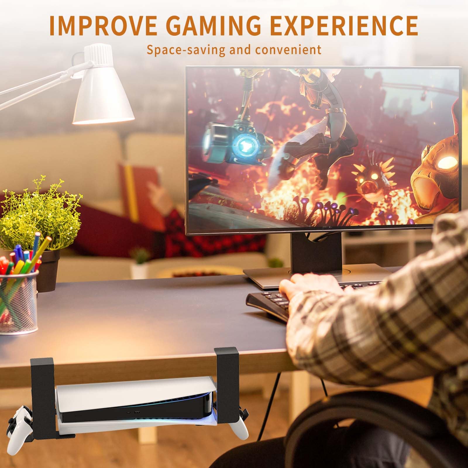 PS5 Halterung unterm Tisch, Metal Under Desk Mount für PS5 Pro, PS5 Slim Stealth Mount, Untertischhalterung für PS5 Pro/PS5 Slim/PS5 Disc & Digital Edition Zubehör mit Klemmhalterung & Schraube
