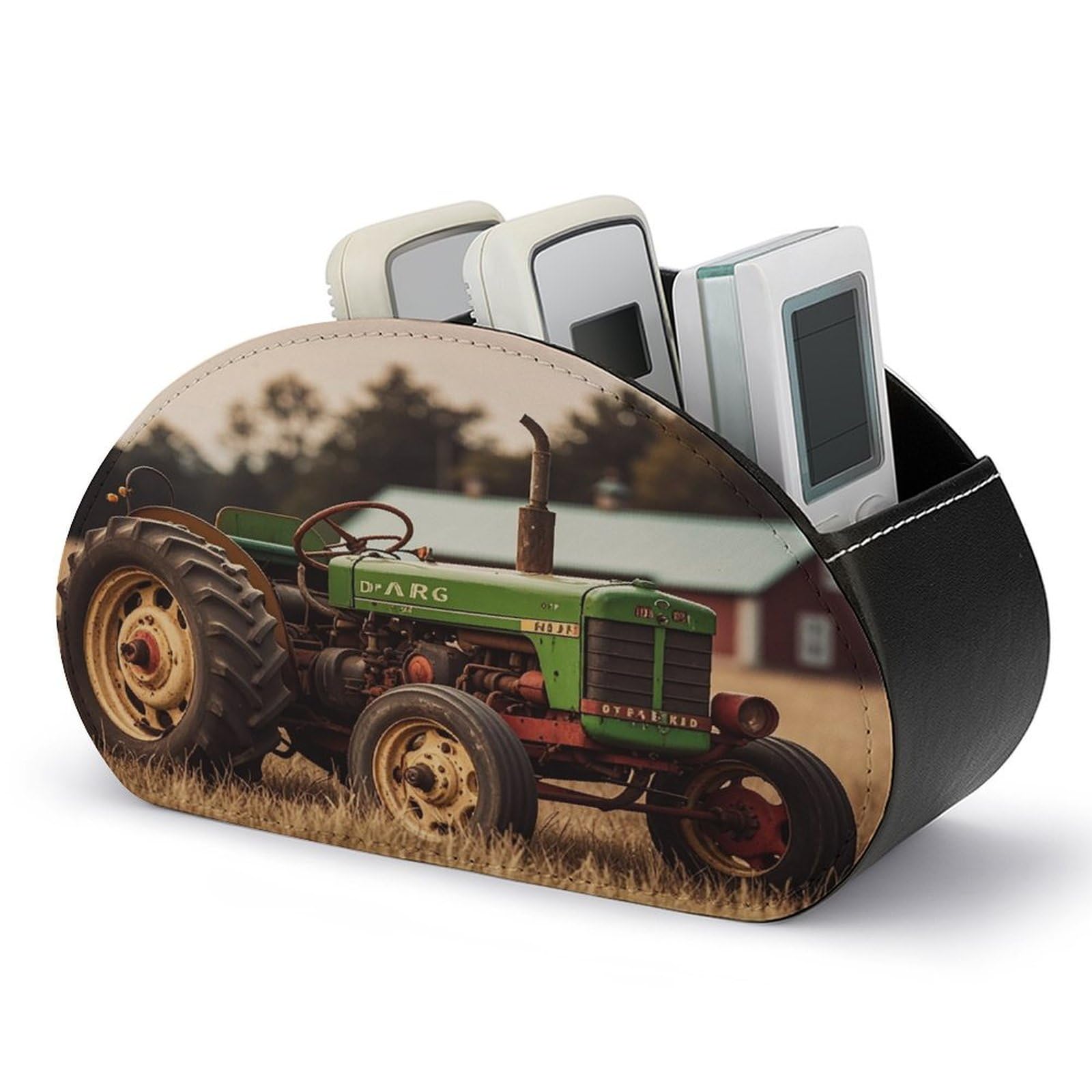 FekiLoot Old Tractor Photo Farm TV Remote Control Holder with 5 Compartments Multi-functional Leather Bedside Table Remote Caddy Desktop Storage Box for Store Pen Controller Media Player Cosmetic