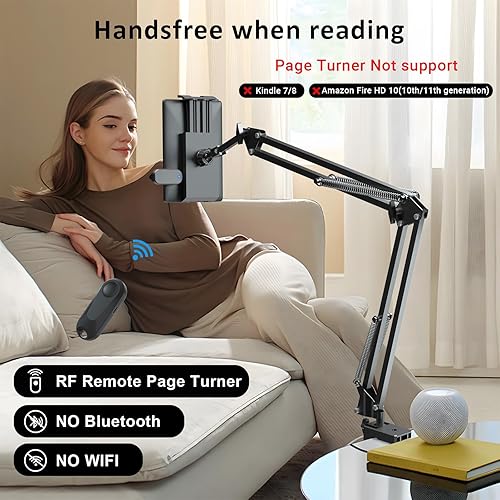 Miniatura 2 de Soporte para tablet para lectura Kindle en la cama con girador de páginas remoto, fácil de ajustar, manos libres, soporte de brazo perezoso para