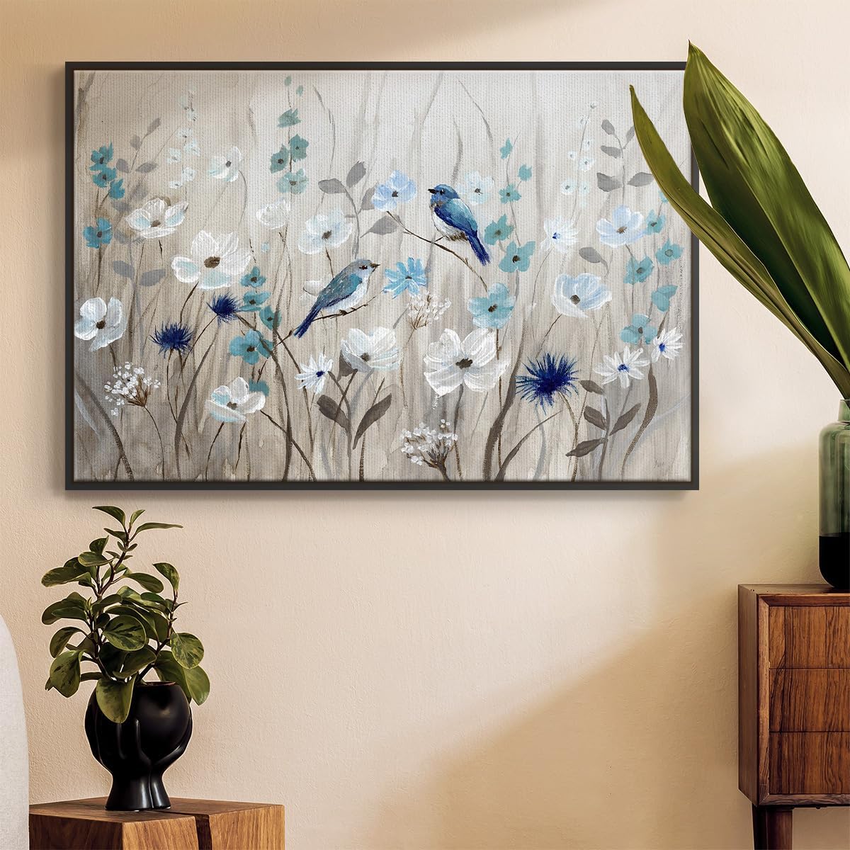 Renditions Gallery Nature Wall Art for Home Blue Birds in Spring Floater Framed Artwork Prints & Paintings for Bedroom Office Kitchen - 25"X37" Black Frame GAL003