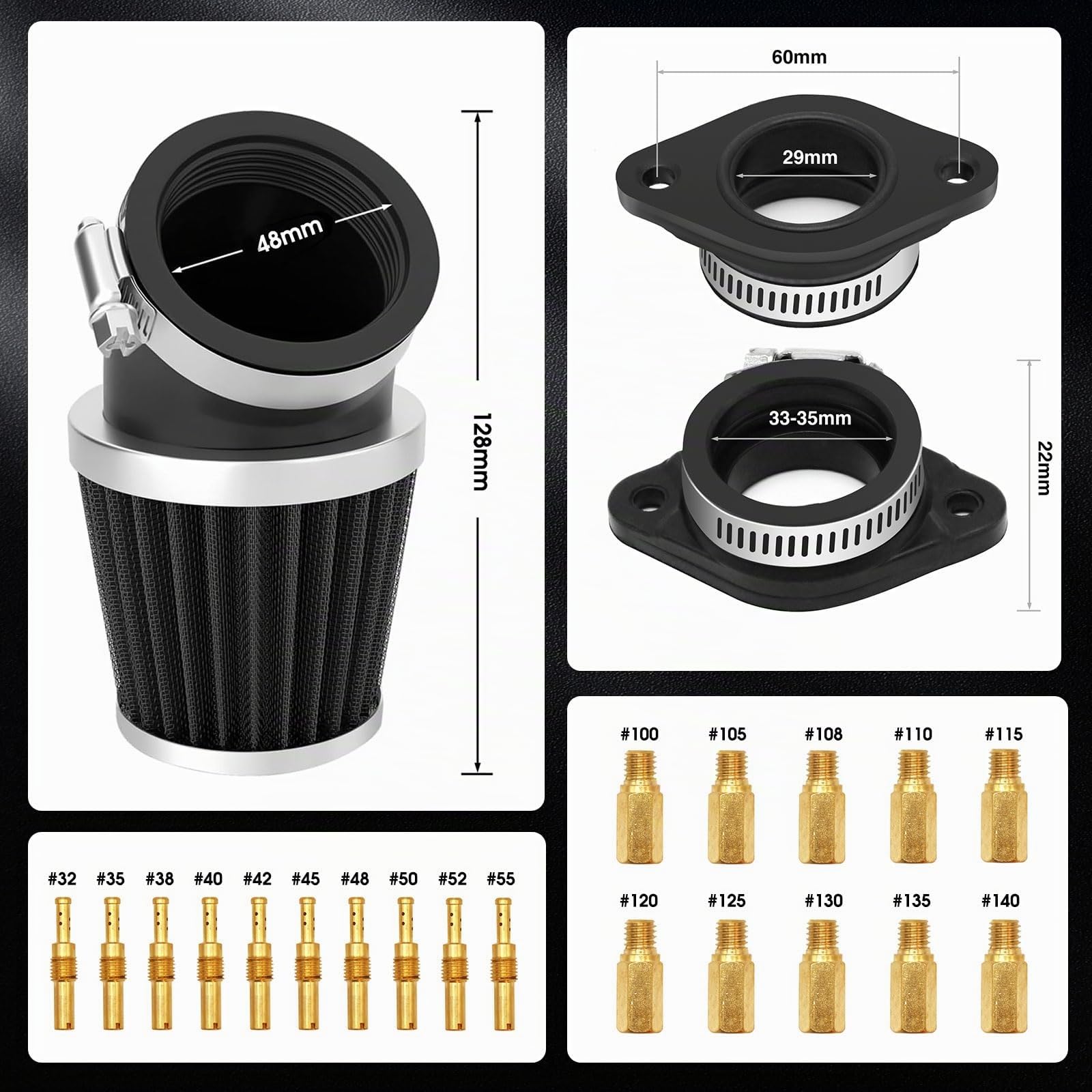 PWK – Kit de carburateur de course de 24 mm avec filtre à air, 10 jets principaux, 10 jets pilotes lents, universels pour moteur 2T 4T, motocross, moto, scooter, ATV, Quad, Go Kart (24 mm)