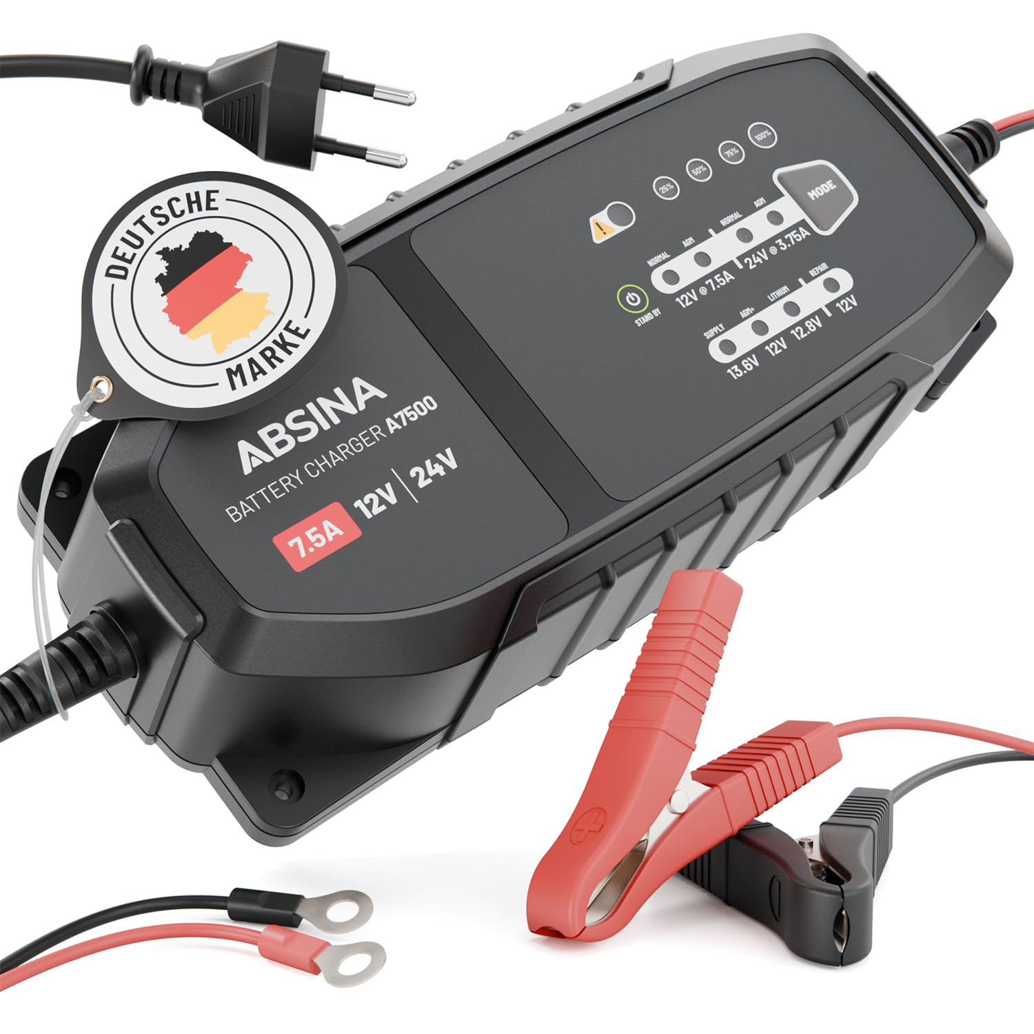 ABSINA Cargador baterias Coche 12V 24V 7,5 A para Baterías de Plomo hasta | 240Ah & 12,8V Litio - Cargador bateria moto para Coche, Autocaravana, Camión y Más - de Batería
