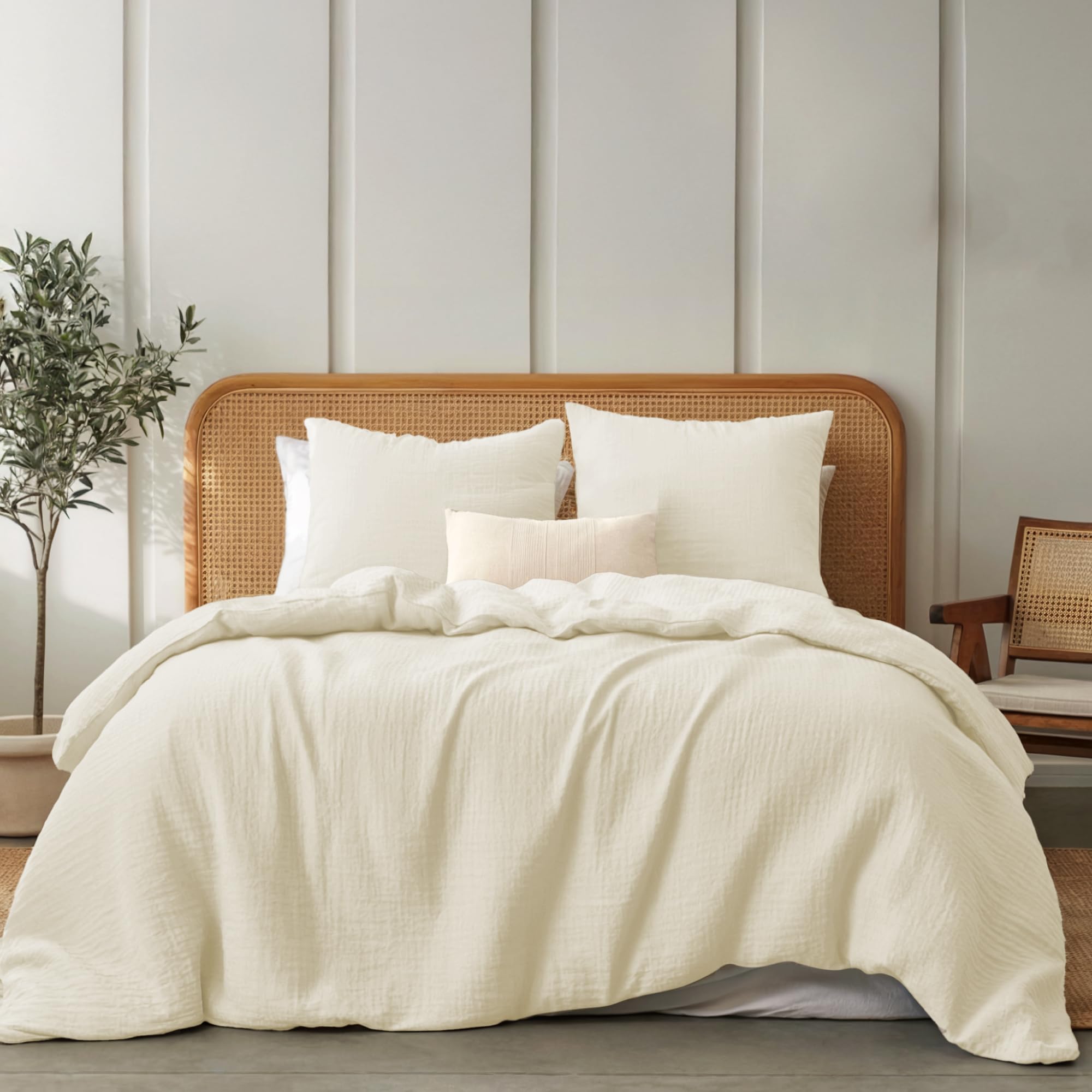 Dreamzie Musselin Bettwäsche 220x240 cm aus 100% Baumwolle – Bettwäsche Set mit 1 Bettbezug und 2 Kissenbezügen 80x80 cm – Weiche Oeko-Tex Bettwäsche mit Reißverschluss – Creme