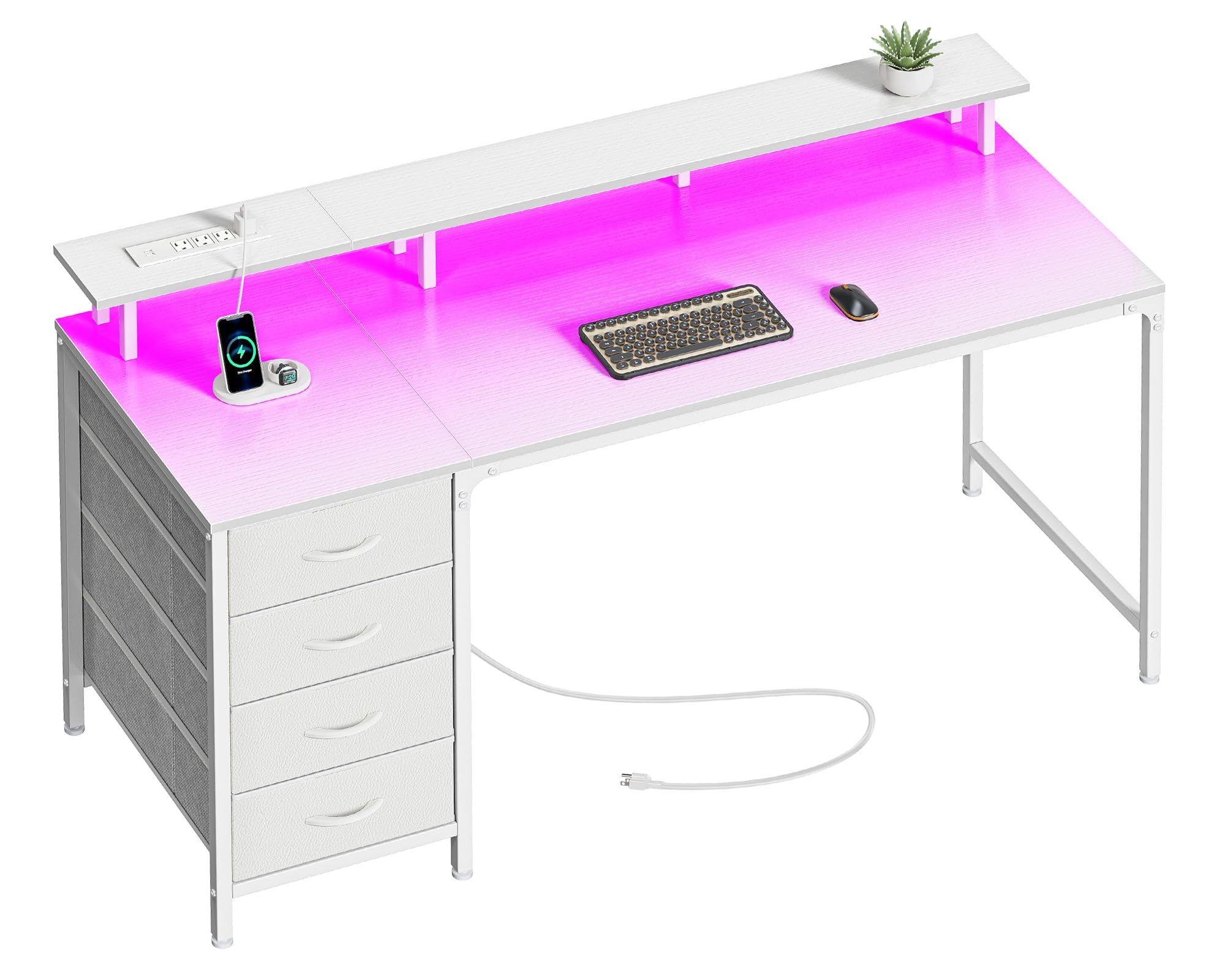 Huuger Computer Desk with Power Outlets and LED Lights, 55 Inches Gaming Desk with 4 Drawers, Office Desk with Monitor Stand, Study Desk Work Desk for Home Office, Small Spaces, White