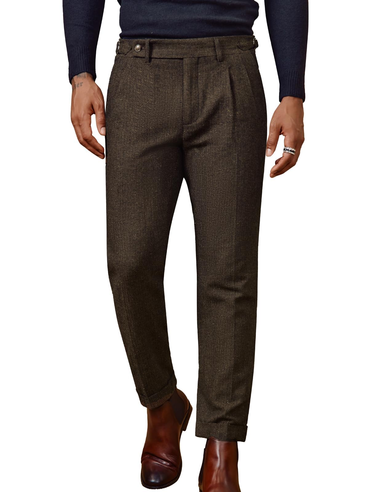 PJ PAUL JONES Men Vintage Tweed Pants Herringbone Pleated Suit Trousers