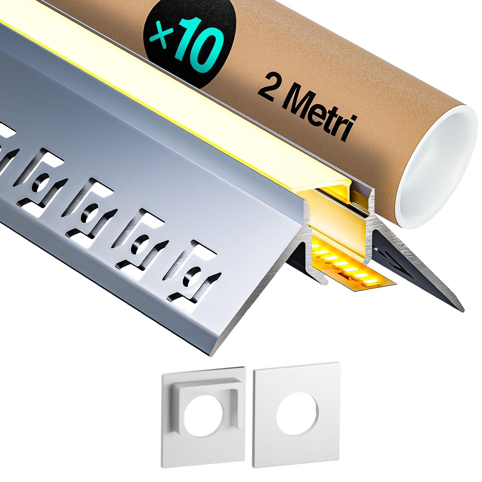 10 x aluminiowy profil narożny LED, 2 m (20 m), profil LED do montażu na sucho, 45 stopni, do taśm LED 9 mm / listew LED / profil LED, z mlecznobiałą osłoną zaślepek – 2000 x 47,27 x 22,64 mm