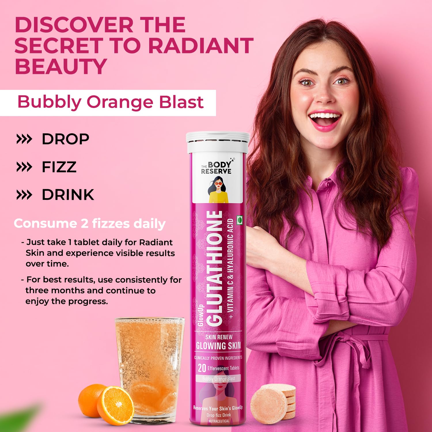 The Body Reserve Glutathione Tablets For Glowing Skin 20 Tablets With 500mg L-Glutathione,Vitamin C & Hyaluronic Acid,Antioxidant & Skin Glow Supplement For Clear Skin,Orange Flavour,1 count The Body Reserve Glutathione Tablets For Glowing Skin 20 Tablets With 500mg L-Glutathione,Vitamin C & Hyaluronic Acid,Antioxidant & Skin Glow Supplement For Clear Skin,Orange Flavour,1 count