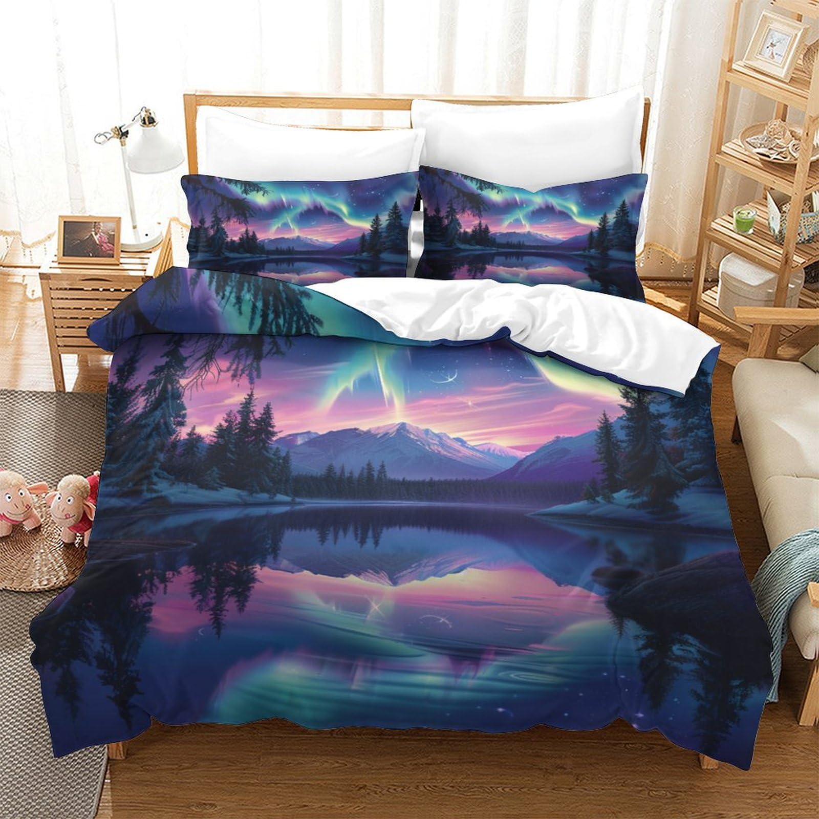 Stampato in 3D Aurora norvegese Copertina Stampata Microfibra Disegnata Biancheria Da Letto Stile Morbido Con 2 Federe,Double（200x200cm）, Per Ragazzi Adulti