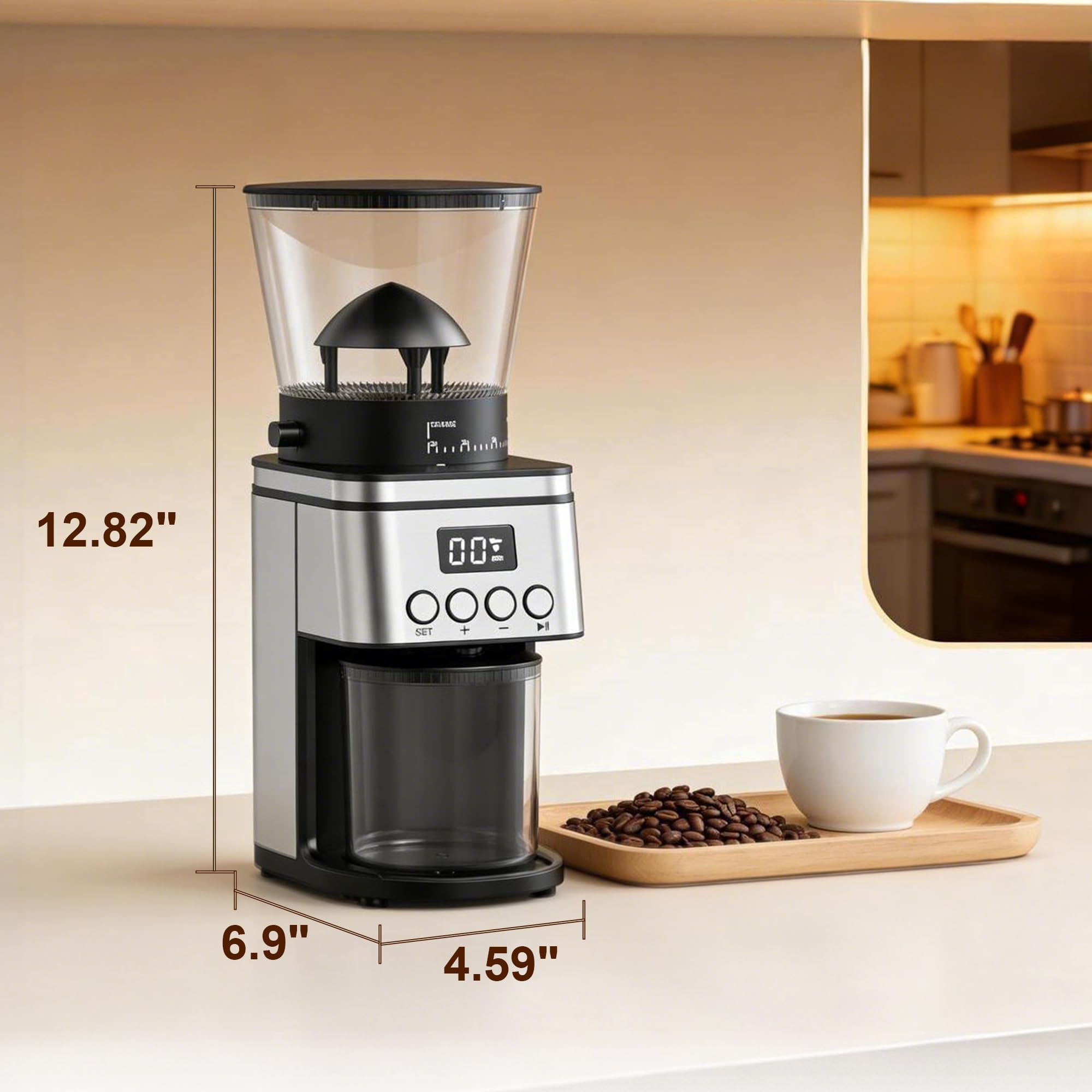 Molinillo de café cónico eléctrico, molinillo de café de acero inoxidable para el hogar, molinillo de rebabas ajustable con 30 ajustes de molienda, temporizador digital y control de 2 a 12 tazas