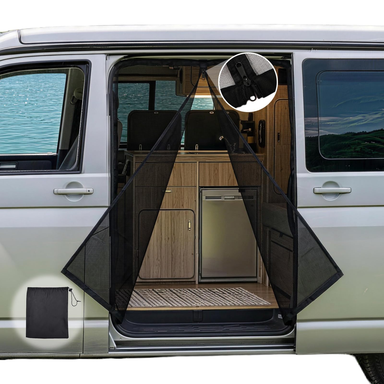 ZATOOTO Moskitiera Magnetyczna Do Drzwi Przesuwnych VW T5 T6 Z Zamkiem Błyskawicznym Siatka Na Komary Z Dobrą Widocznością Ulepszona Wersja Do Kampera