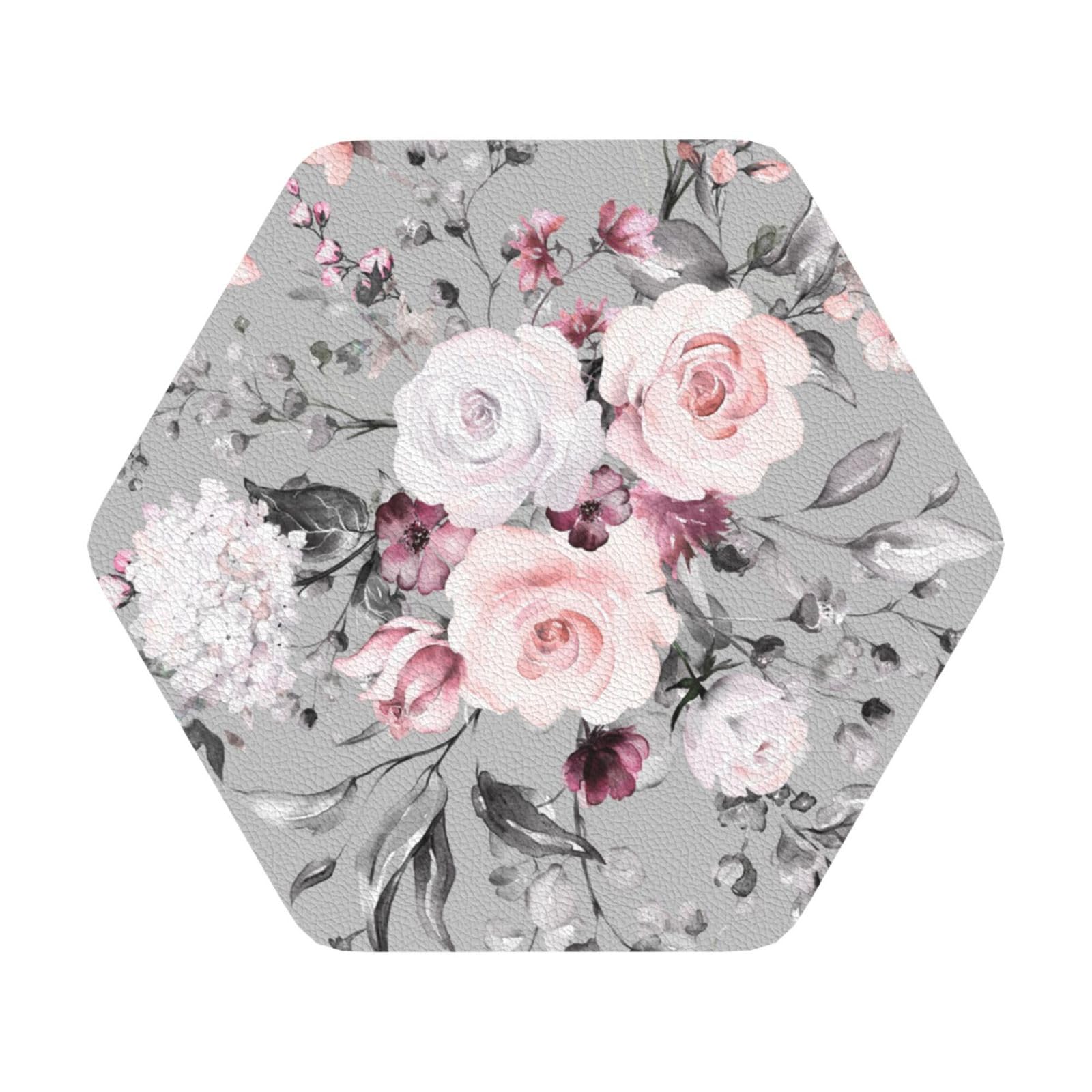 Plant Floral Flowers PU Leather Coasters Set of 6 Hexagon Drink Coasters