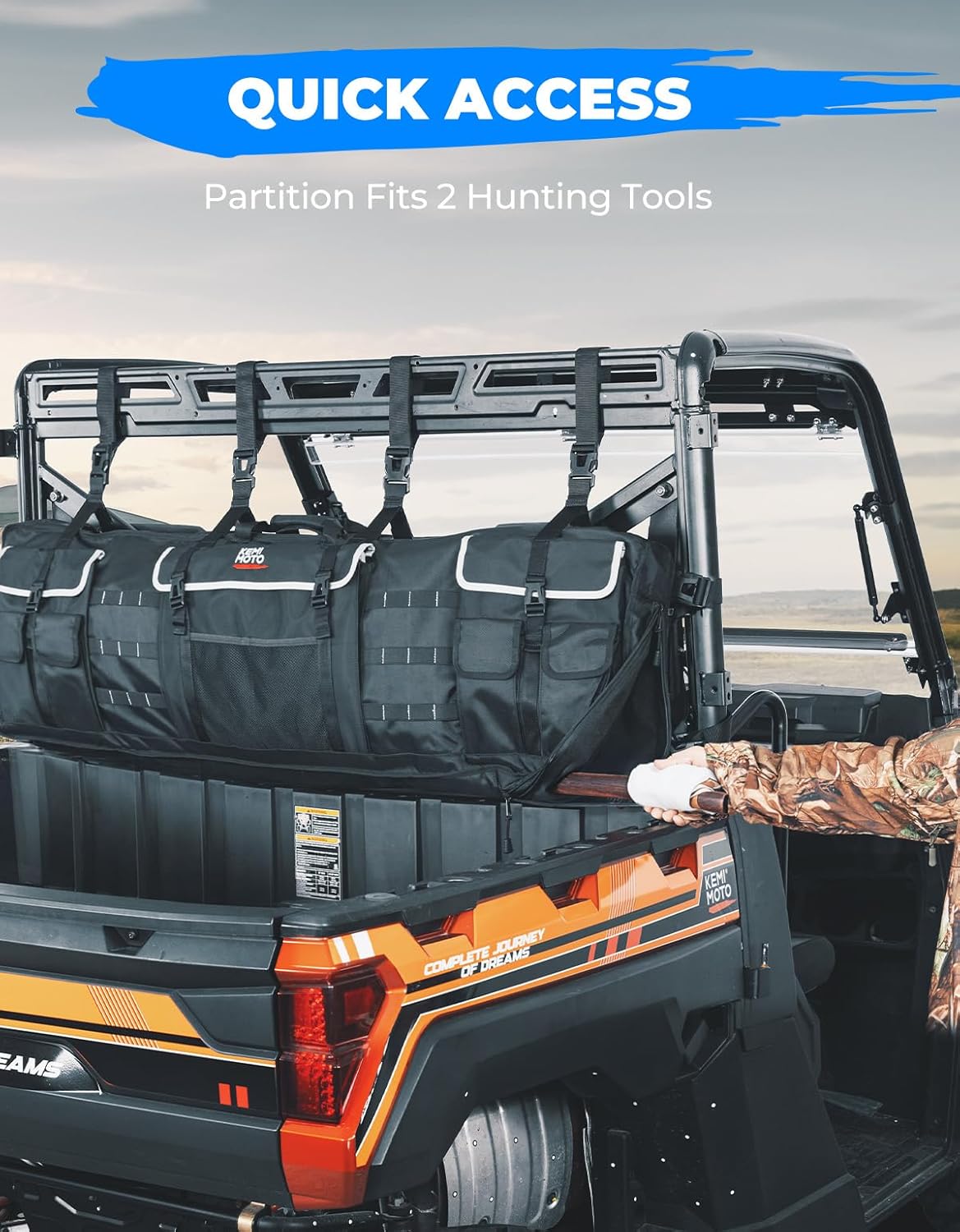 KEMIMOTO Double UTV Tool Bag Rack, Hunting Tool Holder Rack Soft Carrier Case Rear Roll Cage, Bow Storage Bag Compatible with Polaris Ranger Mule Uforce, Most General UTVs (Black)