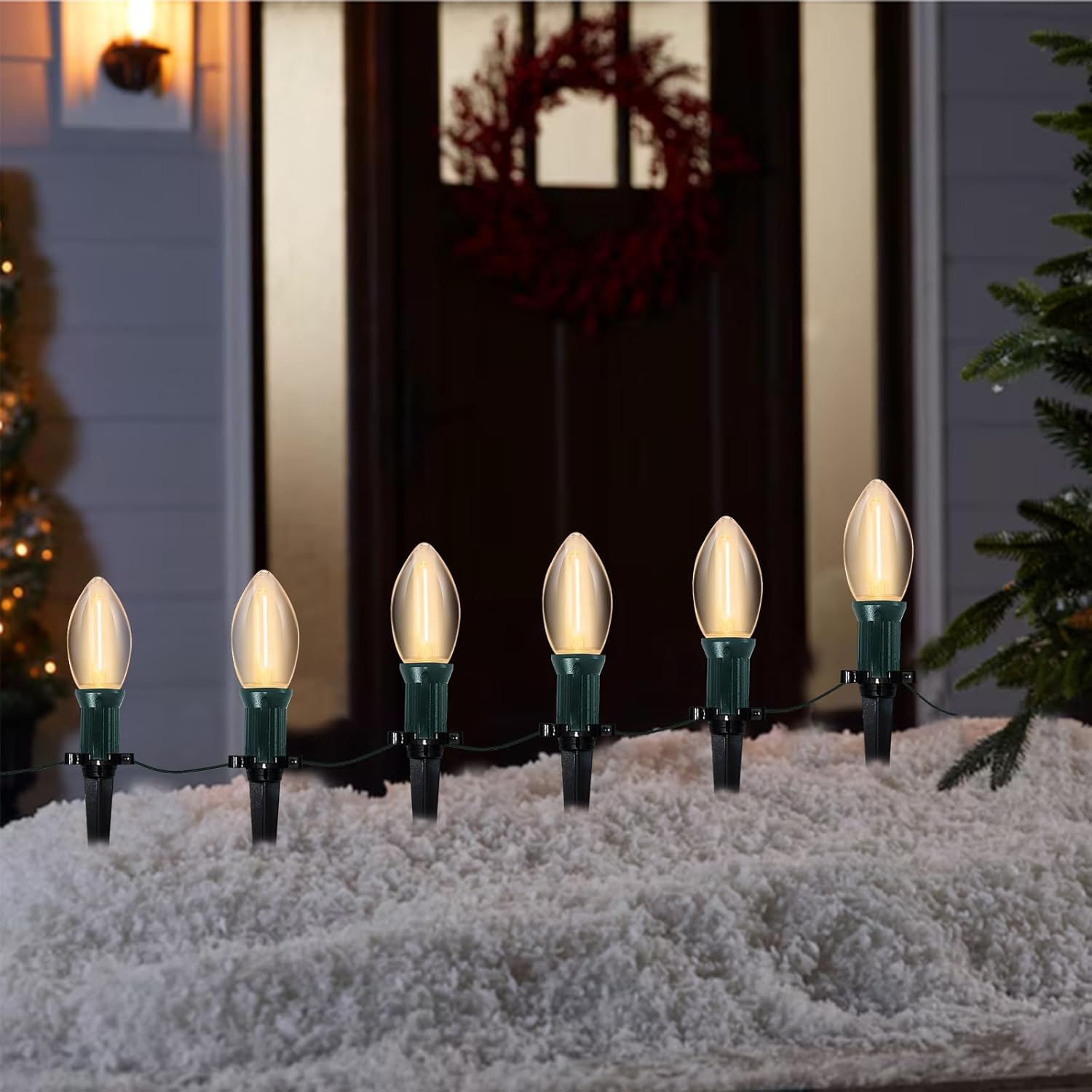 C9 Led Christmas Pathway Lights Outdoor, 38Ft 25 LED C9 Warm White Pathway Marker Stakes Lights, Connectable Christmas Walkway Lights UL Listed for Yard Lawn Sidewalk Driveway Christmas Decorations 38 Feet C9 led clear pathway Lights