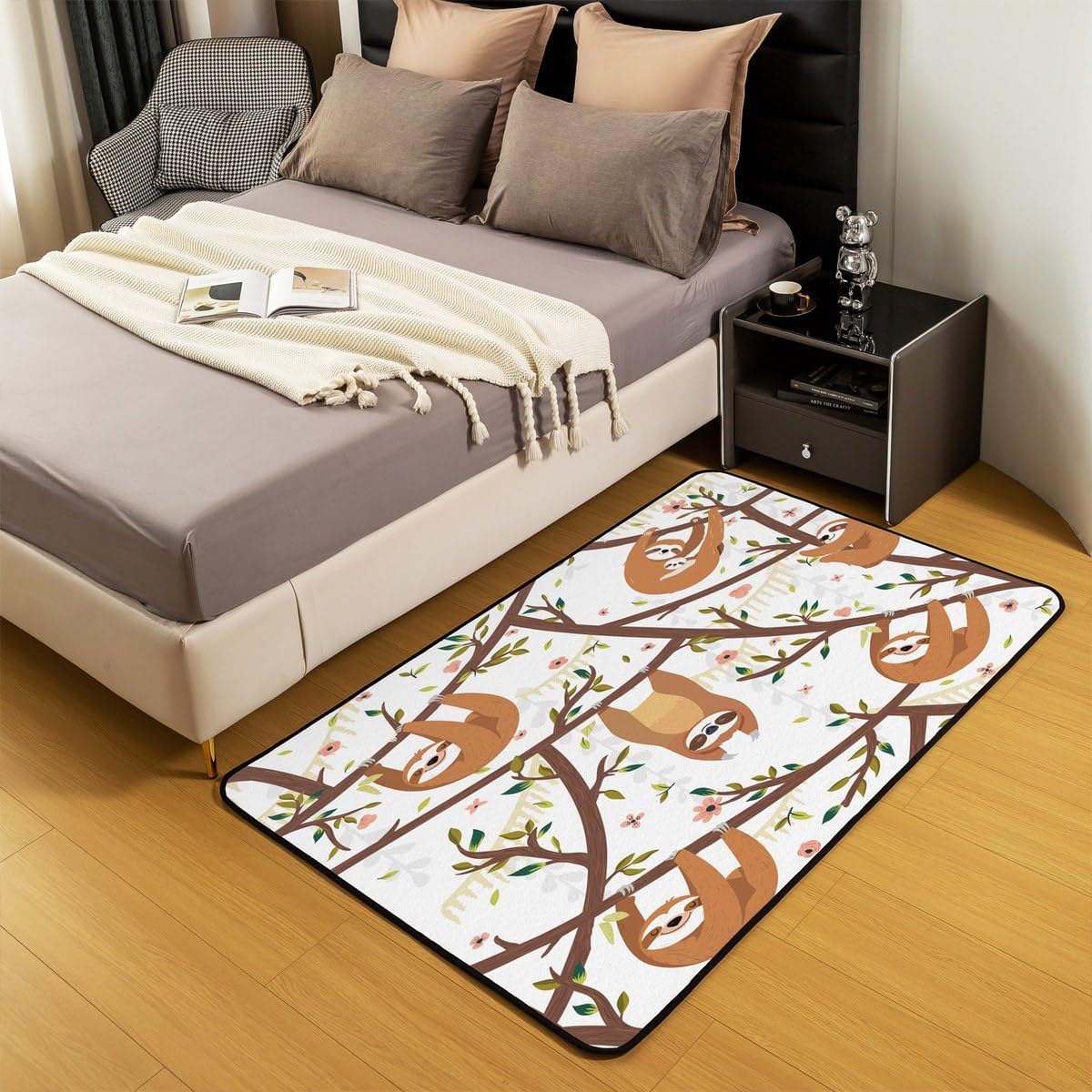 jejeloiu Sloth Decorative Carpet Rug Cartoon Sloth Tree Branches Carpet Fleece Indoor Floor Mat Area Bedroom Playing Room Rug Carpet Home Decor Bedroom Living Room Rug