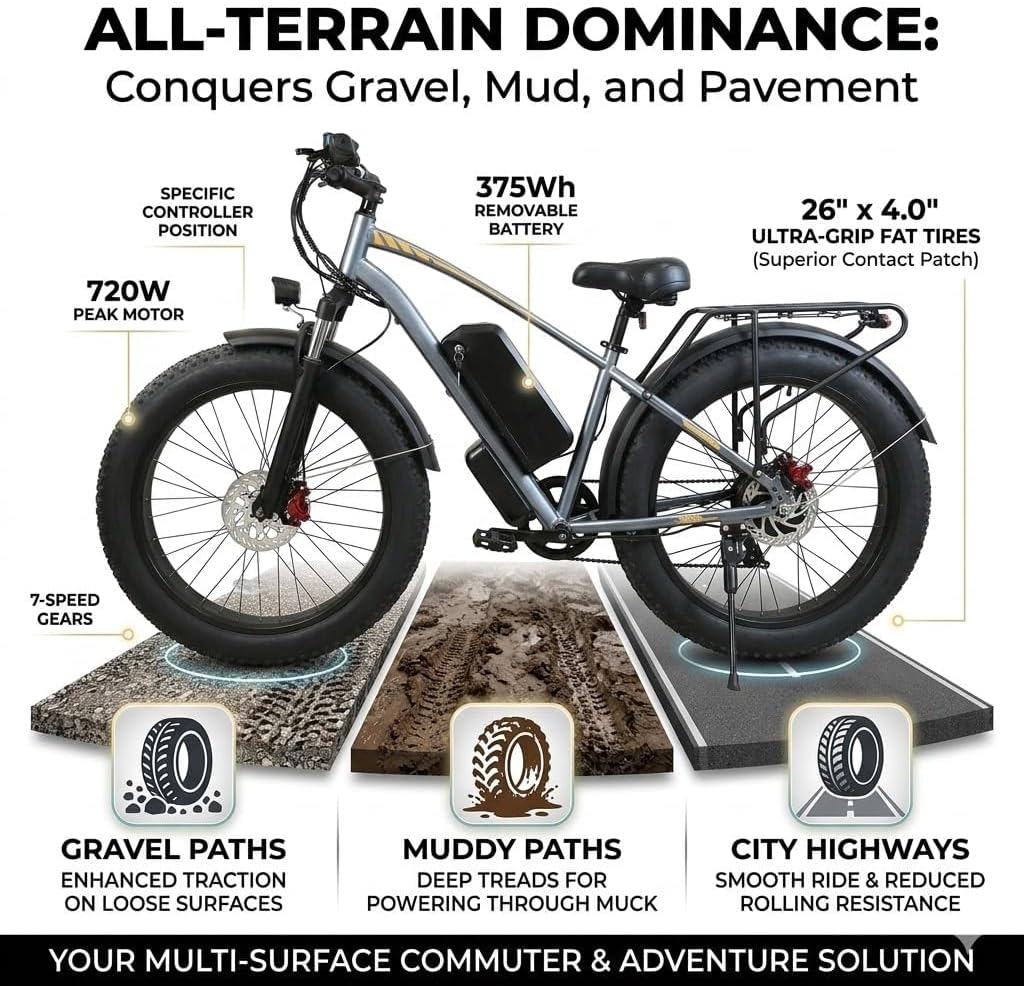 Electric Bike for Adults 1500W 50+ Miles 62NM Torque Full Suspension Ebikes for Adults 30 mph Commuting Bright Headlight Dual Disc Brakes E Bike, 26" Fat Tire 30° Max Slope