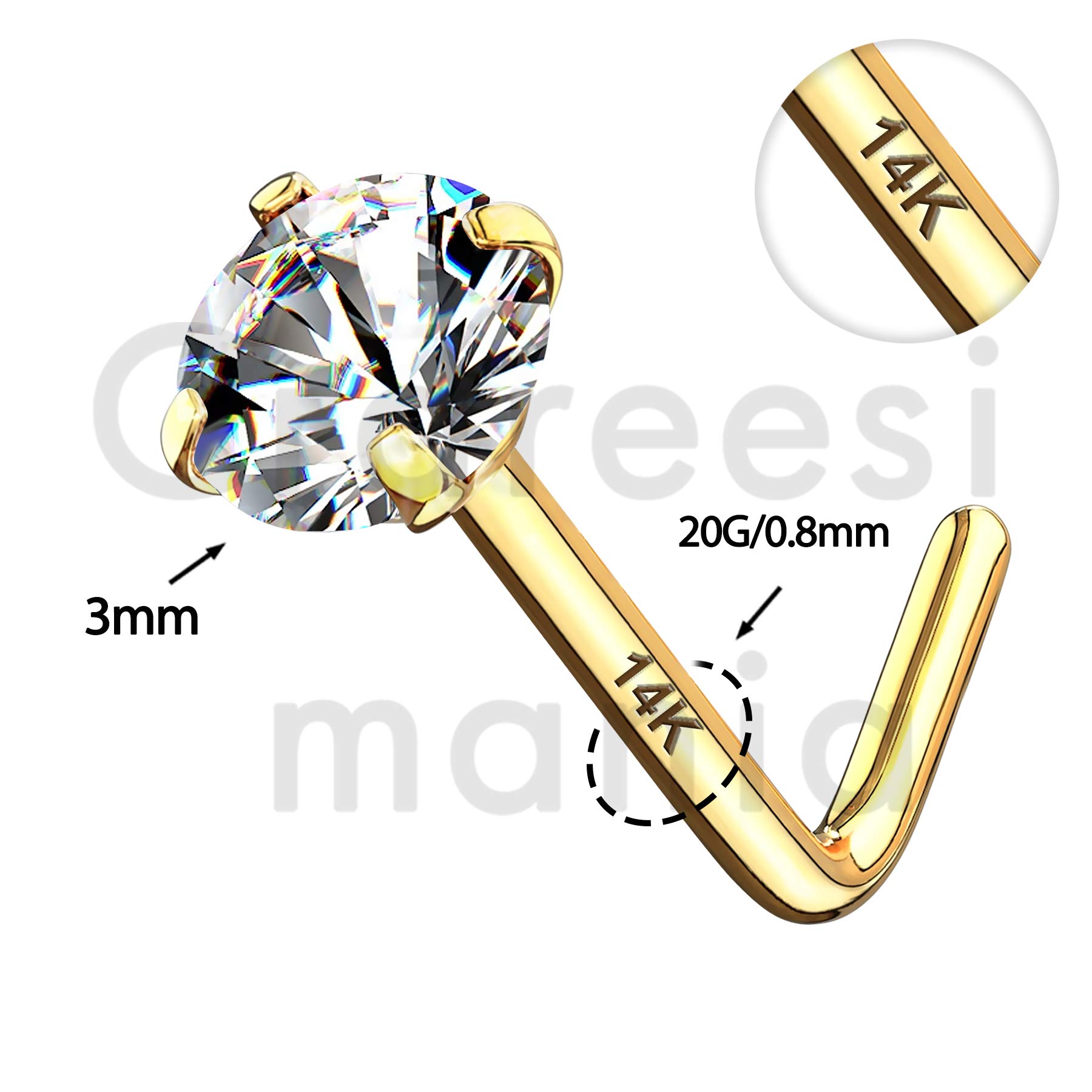 CM Crareesi Mania Piercing per naso in vero oro giallo massiccio 14 K, calibro 20, con zirconia cubica a forma di cuore