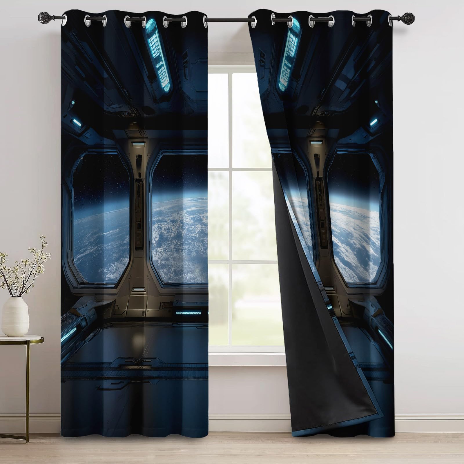 100% Rideau Occultant Bleu Rideaux Occultant Thermiques à Oeillets, Rideau Opaque imprimés Moderne Espace Vaisseau Spatial Decoration pour Chambre Salon, 140L X 200H cm (2 Panneaux)