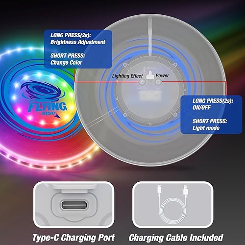 Miniatura 6 de Paquete de 2 discos voladores iluminados para niños, discos recargables con 45 LED, 14 modos de iluminación (10 pulgadas) y disco de batería